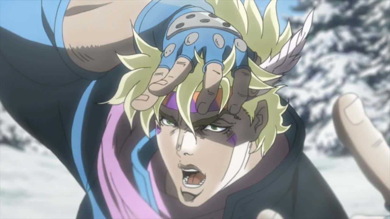 Caesar Anthonio Zeppeli 桌布 壁紙 — 在雪景中，動漫角色豎起金色尖刺頭髮，戴著藍色手套，將手按在額頭上。