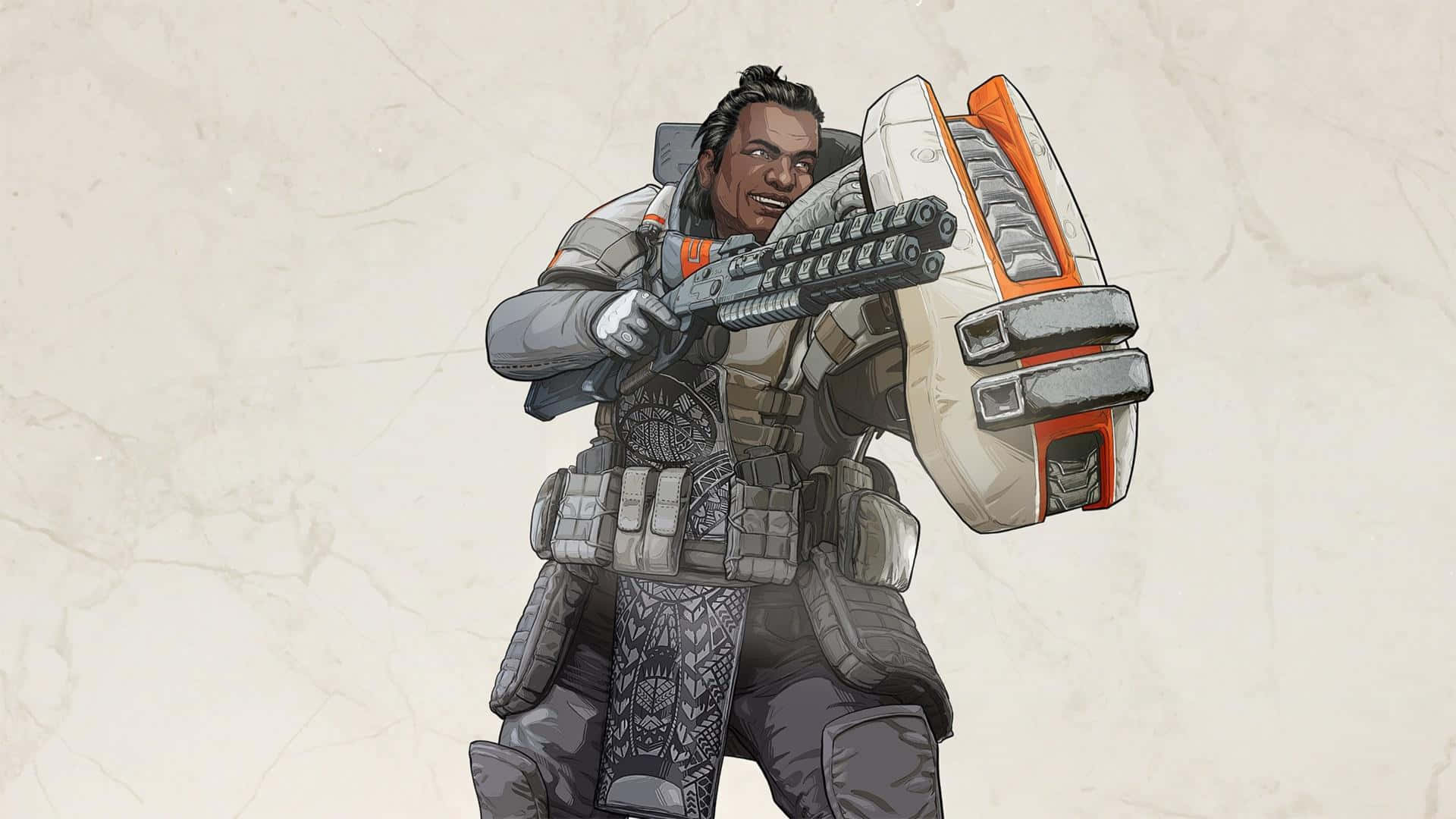 微笑的士兵身穿戰鬥裝備，手持武器和盾牌。
