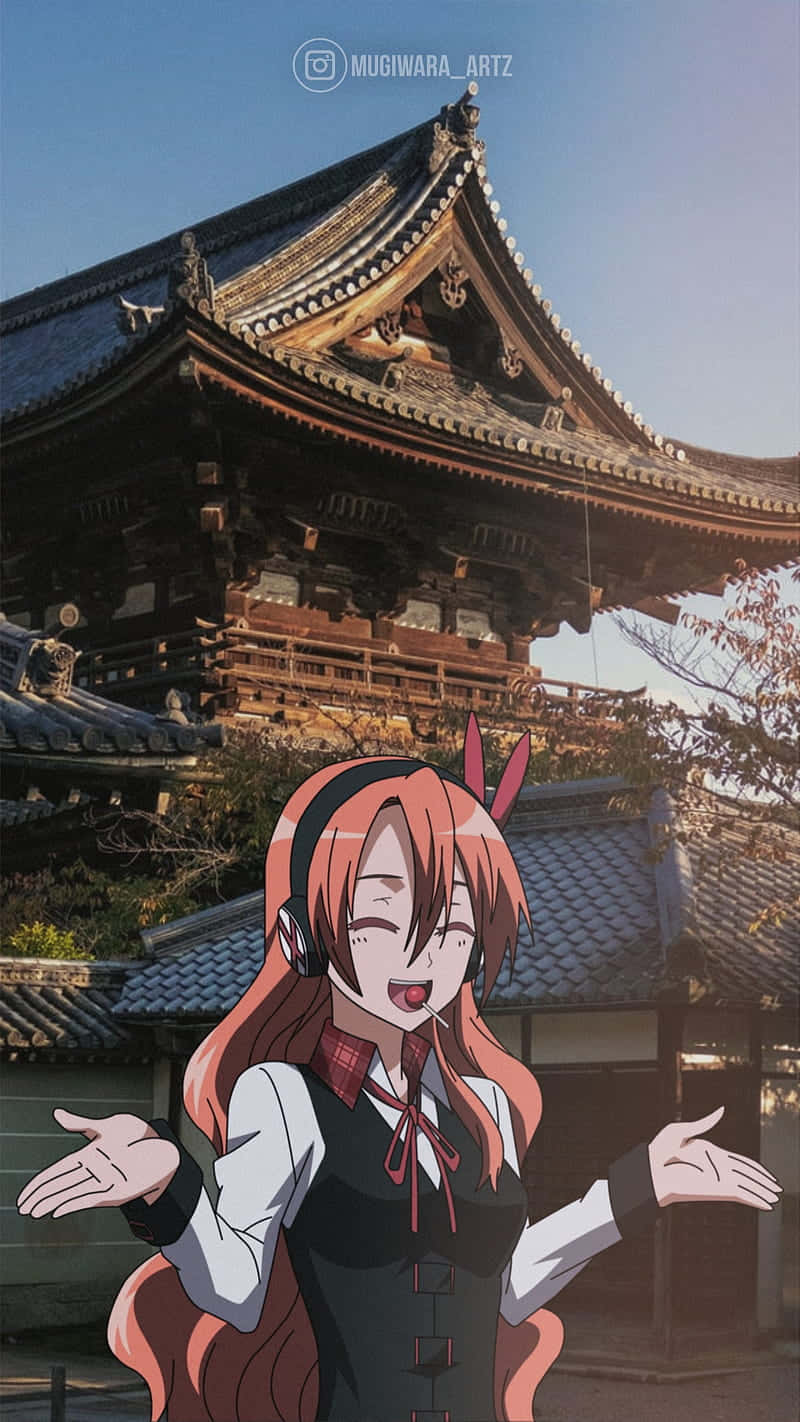 在電視上觀看《殺戮都市》 壁紙 — 橙色頭髮和兔耳的女孩子愉快地站在傳統日本寺廟前，天空清澈湛藍。