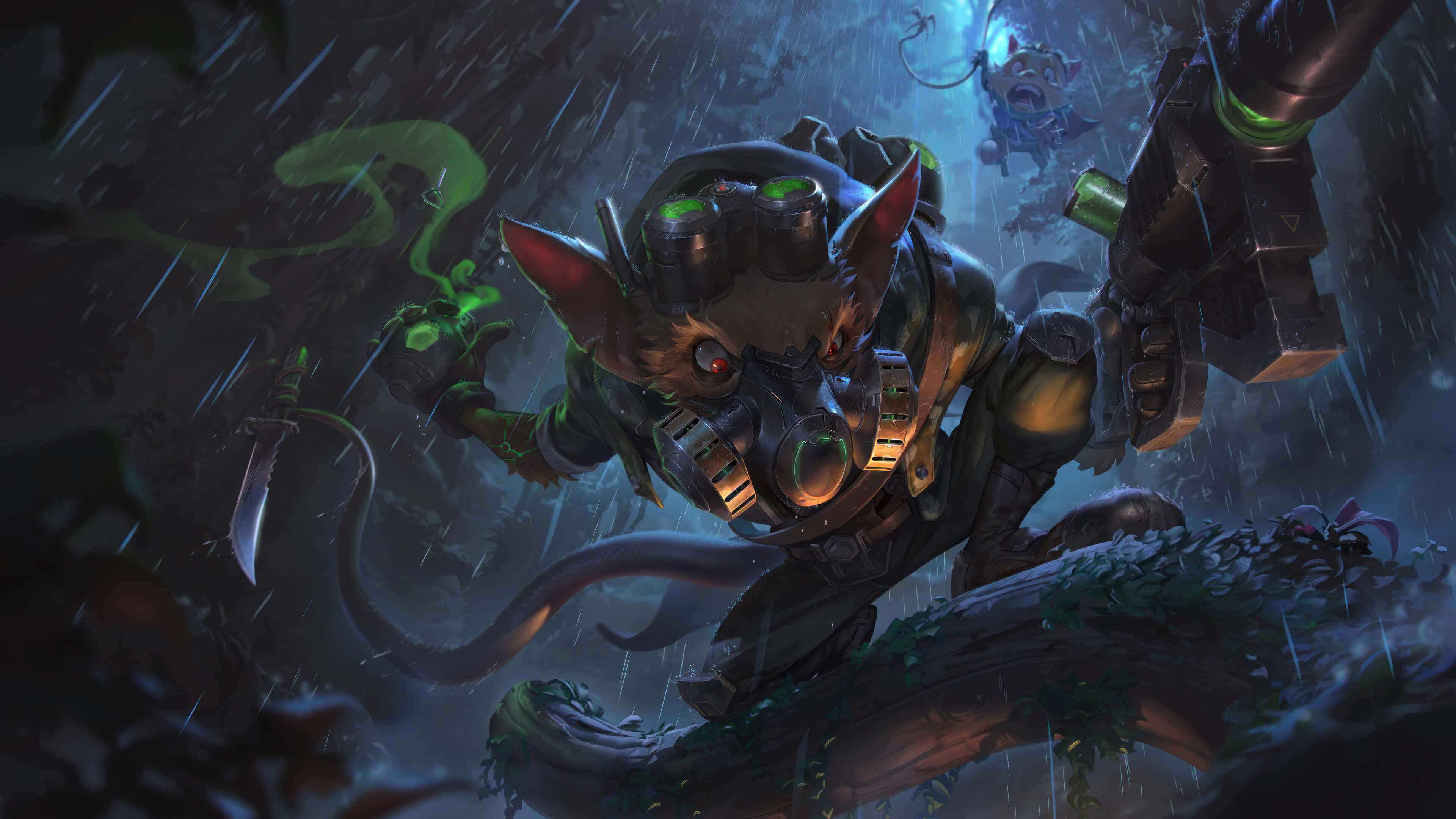 League Of Legends Champions 桌布 壁紙 — 在霓虹燈下，一隻賽博龐克老鼠戰士在雨淋的叢林中緊握著發光的綠色刀刃和重型武器。