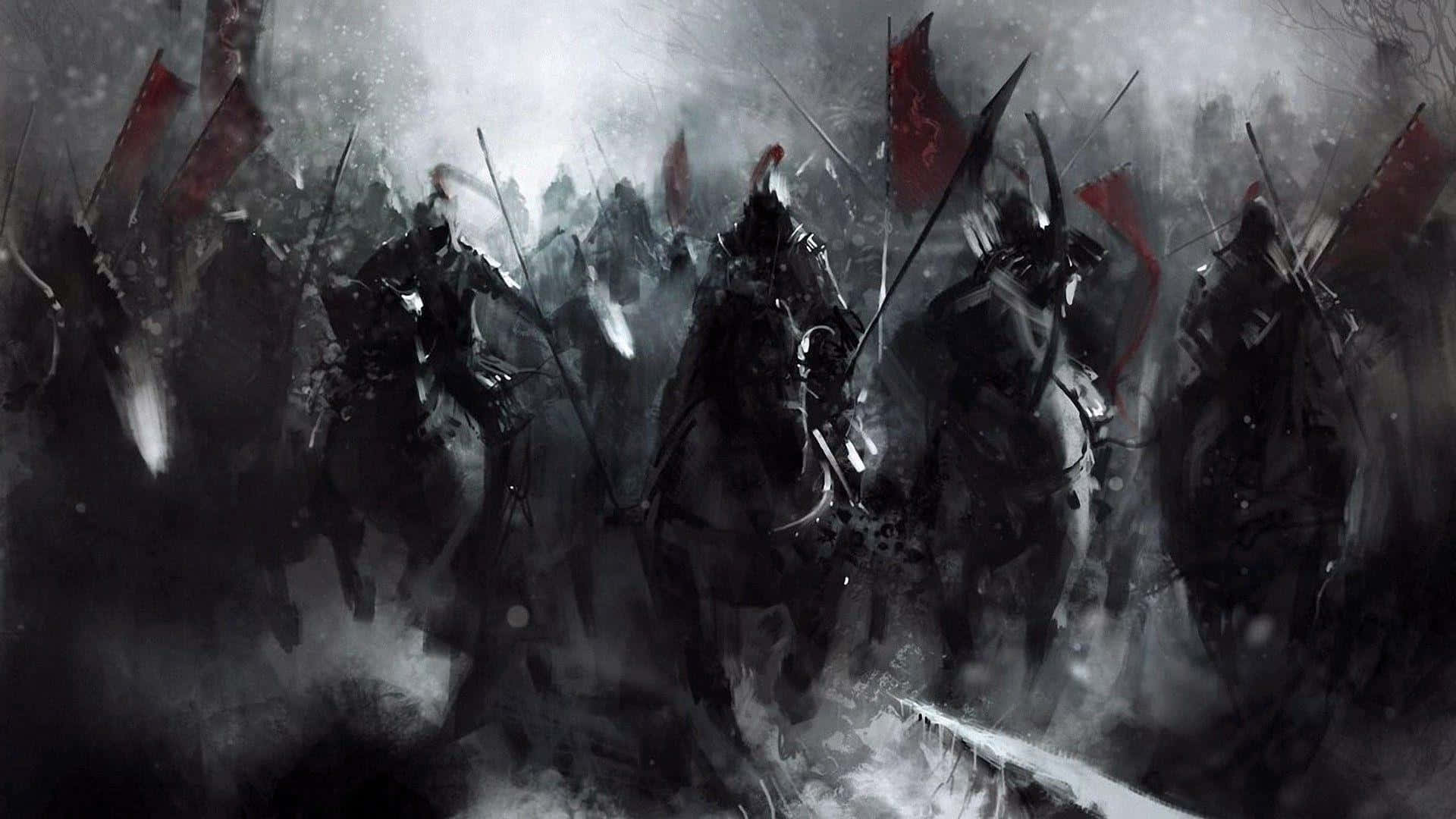 武士 桌布 壁紙 — 在霧氣瀰漫的戰場上，身穿盔甲的騎士騎著馬，揮舞長矛和紅色旗幟，進行黑暗而風暴般的騎兵衝鋒。
