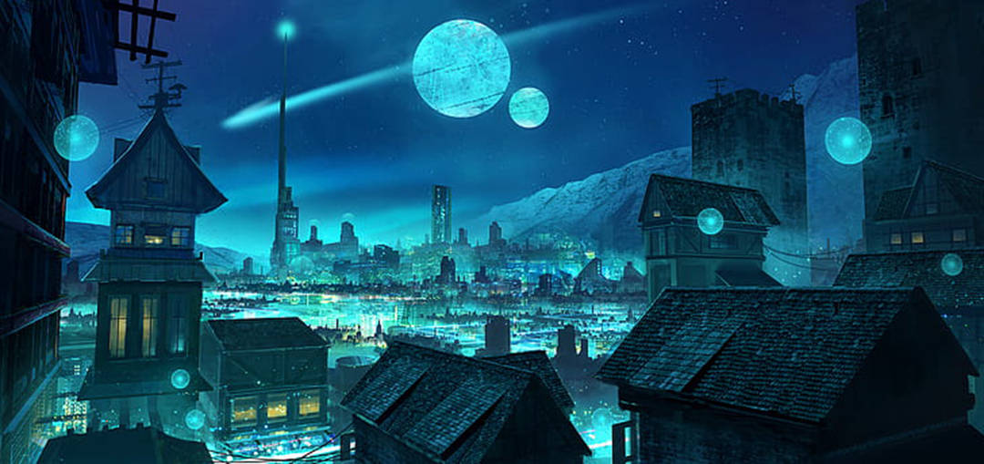 Painting 桌布 壁紙 — 在青綠色天空下，未來城市夜景，漂浮球體和閃爍彗星劃過天際。