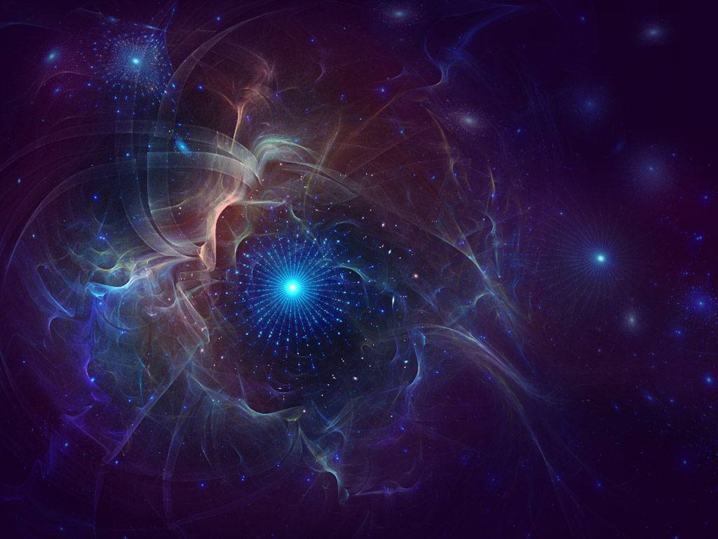 在深空中，一個發光的藍色星爆被旋轉的宇宙氣體包圍。