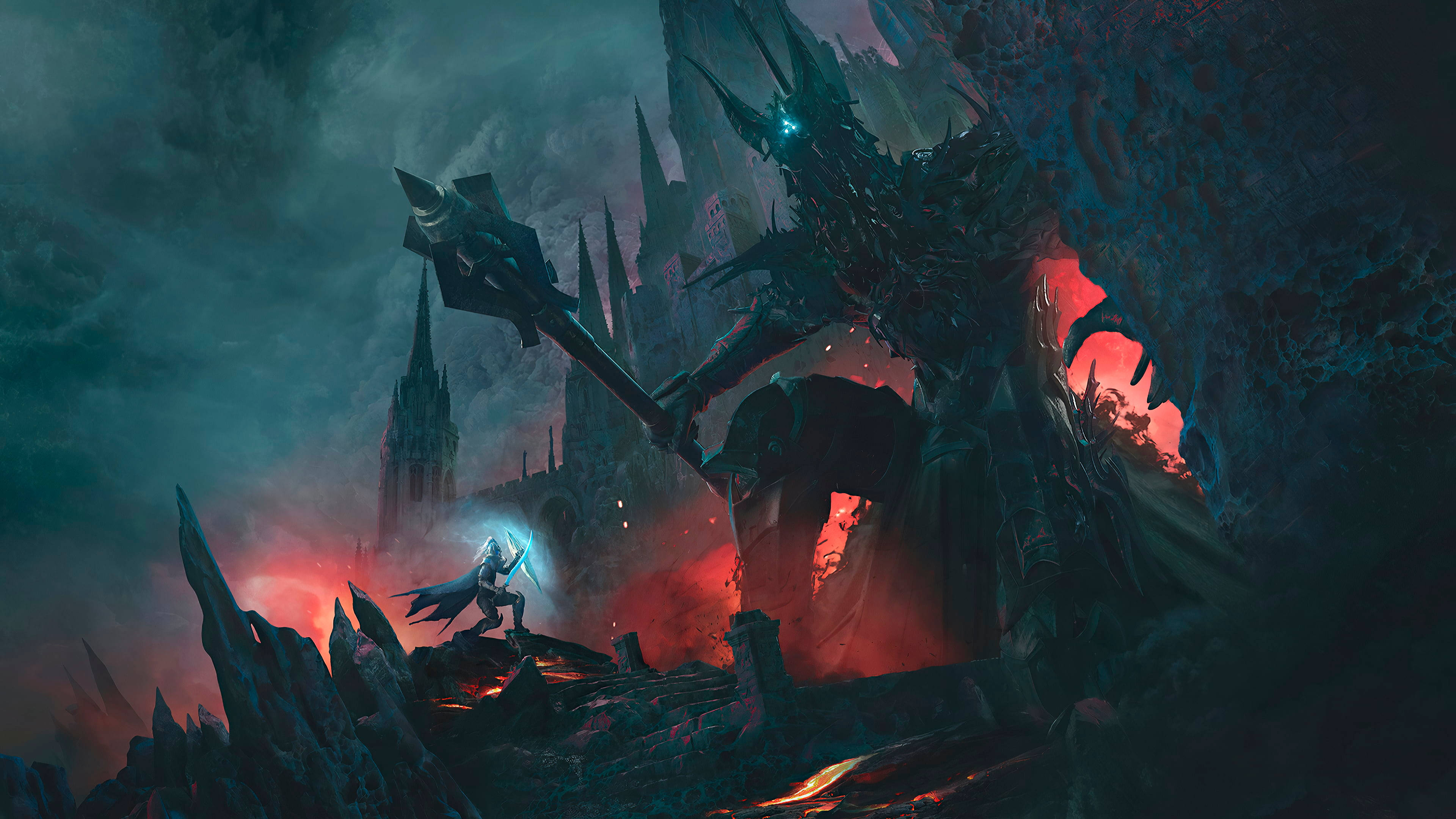 Lord Of The Rings Landscape 桌布 壁紙 — 在風暴天空下，一位孤獨的戰士手持發光劍，面對一隻巨大的黑暗巨龍，背景是 crumbling 的哥德式城堡。