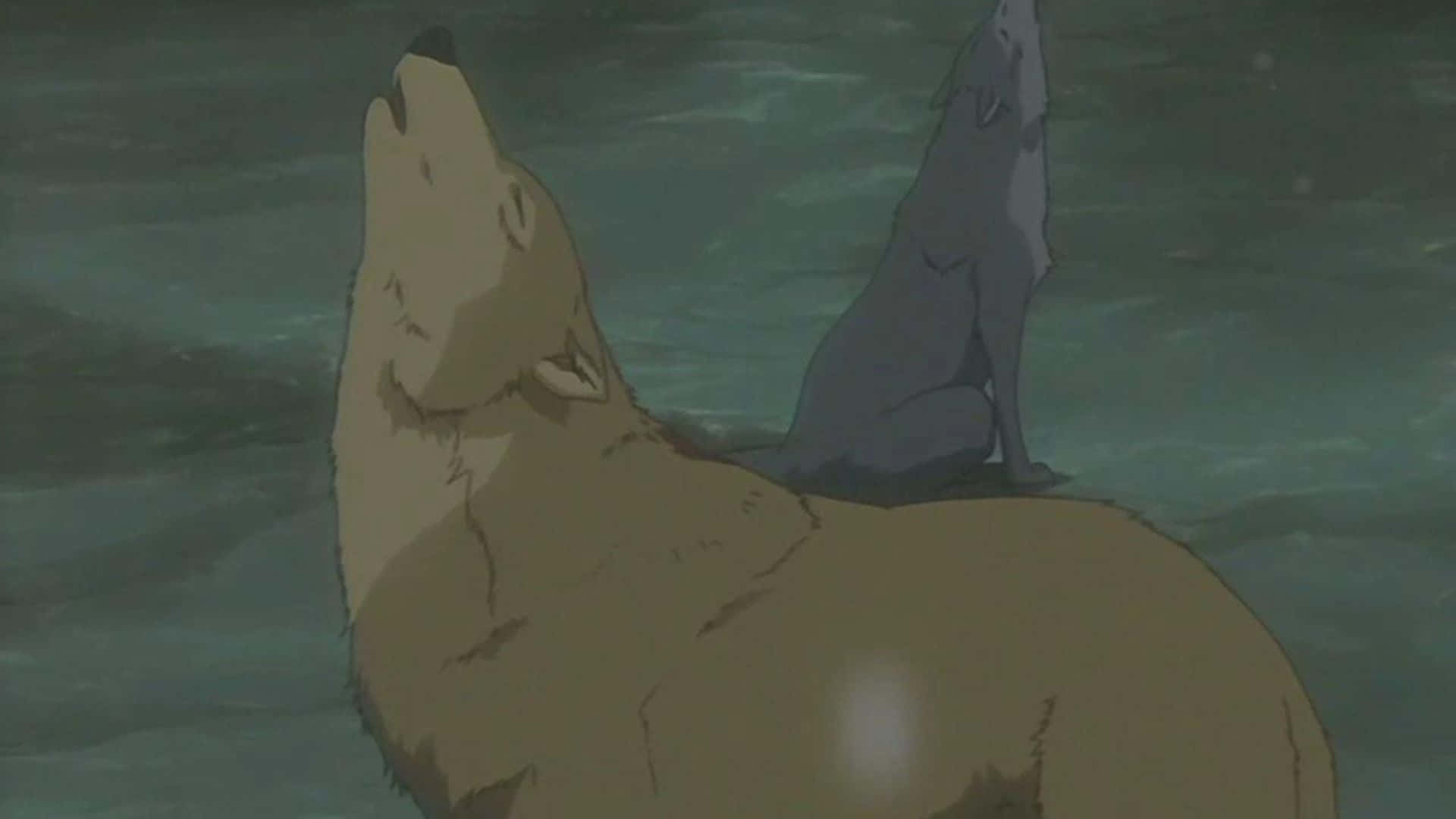 Wolf's Rain Hige 桌布 壁紙 — 在風格化的動畫場景中，兩隻狼對著憂鬱的藍綠色水面背景向上嚎叫。