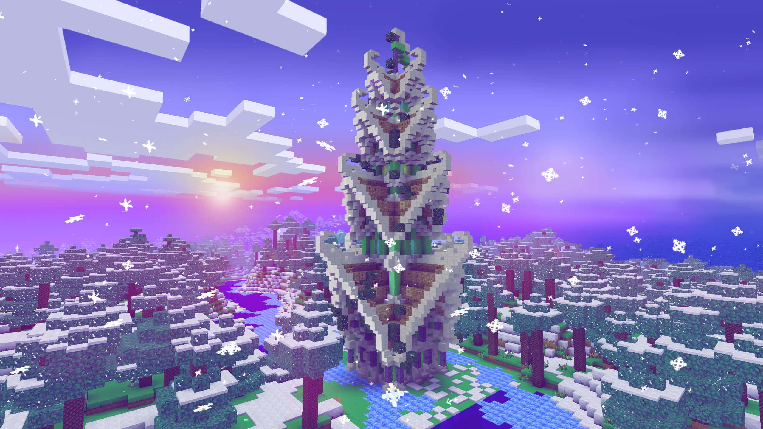 Minecraft Adventure 桌布 壁紙 — 在飄浮雲朵的鮮豔紫色日落天空下，一棵高聳的像素化樹木矗立在白雪覆蓋的Minecraft森林中。