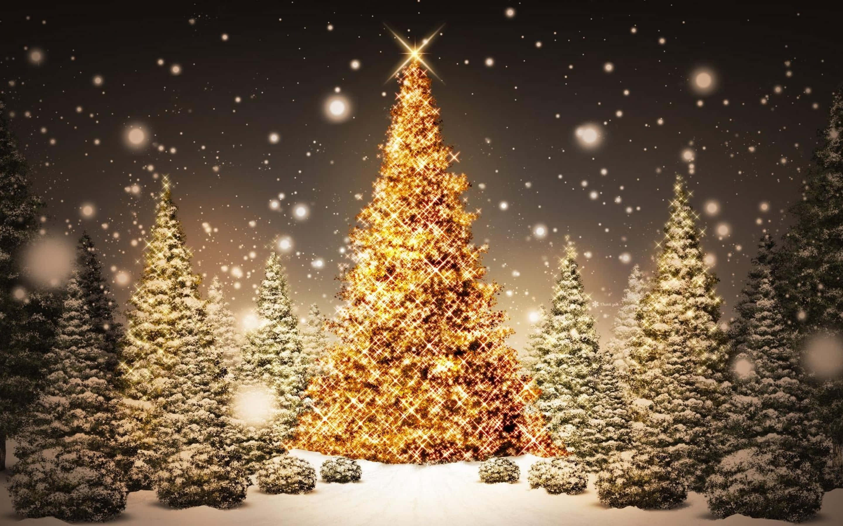 Rustic Christmas 桌布 壁紙 — 在飄雪下，一棵耀眼的金色聖誕樹在夜間被積雪覆蓋的松樹環繞下閃閃發光。