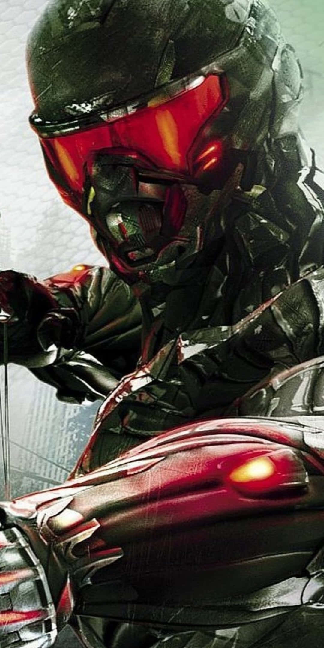 在驚人 Pixel 3 上釋放 Crysis 3 的全部威力 壁紙 — 一名身穿黑色盔甲、配備紅色發光面罩和胸部燈光的未來戰士，站在粗糙的城市環境中。