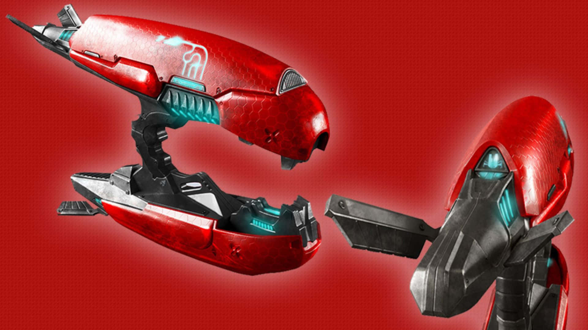 Plasma Rifle 桌布 壁紙 — 在鮮紅色背景上展示的時尚紅黑未來風格武器，帶有發光的青綠色點綴。