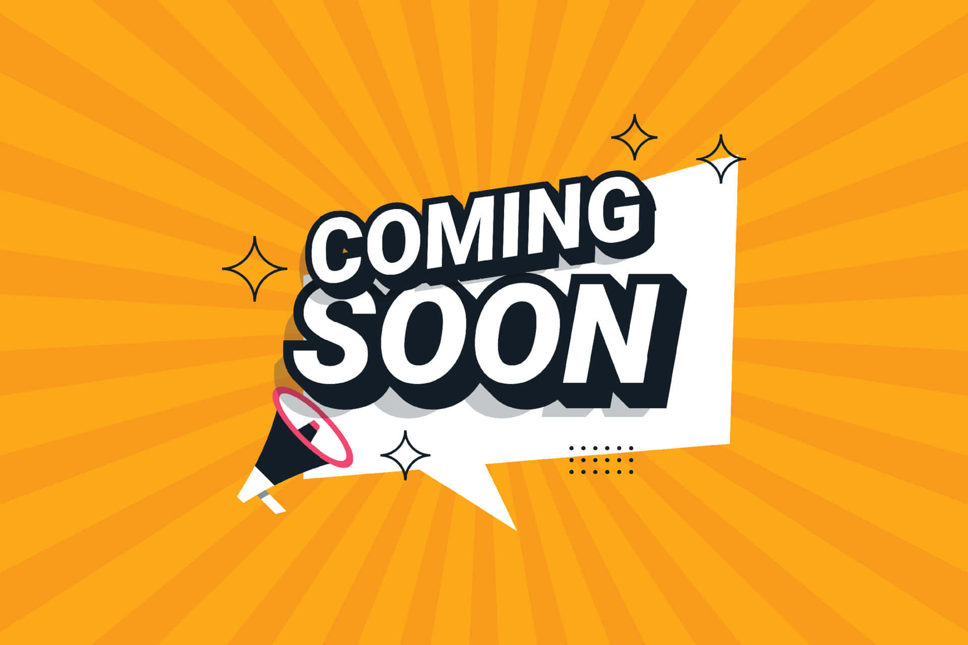 Coming Soon 桌布 壁紙 — 在鮮豔的橙色太陽光線背景上，帶有擴音器的對話框中的粗體「COMING SOON」文字。