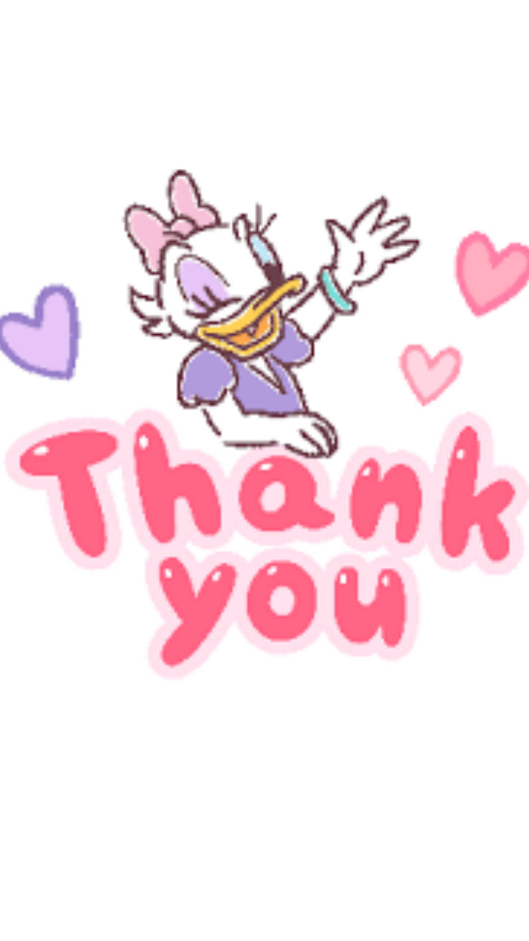 黛絲鴨揮手，心形圍繞著粉紅色的感謝訊息。