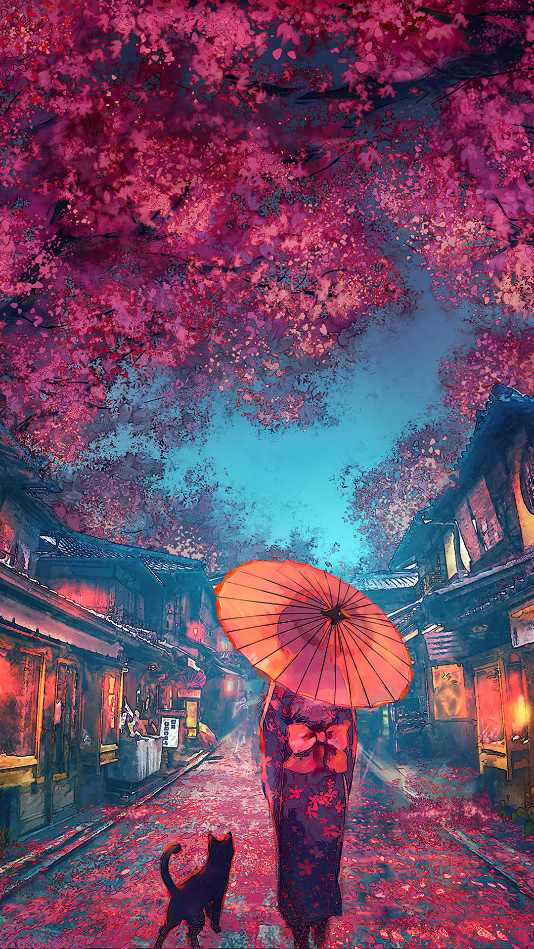 japanese aesthetic iPhone 桌布 壁紙 — 在黃昏的傳統日本街道上，一個孤獨的身影撐著紅傘，走在充滿活力的粉紅色櫻花樹冠下。