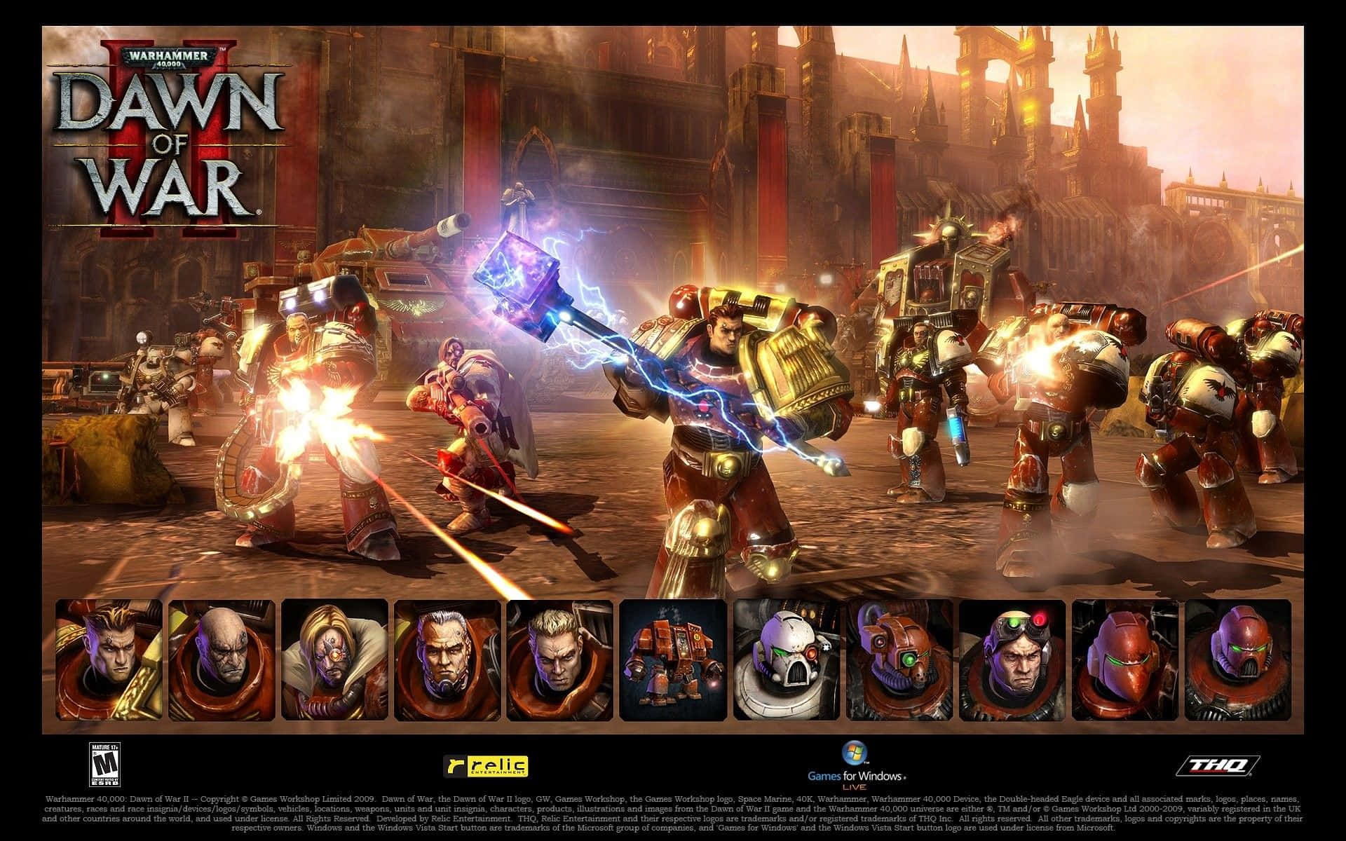 在黎明戰爭III中準備你的軍隊與戰略 壁紙 — Warhammer 40k 身穿重甲的星際戰士在烈火熊熊的城市戰場上使用能量武器交戰。