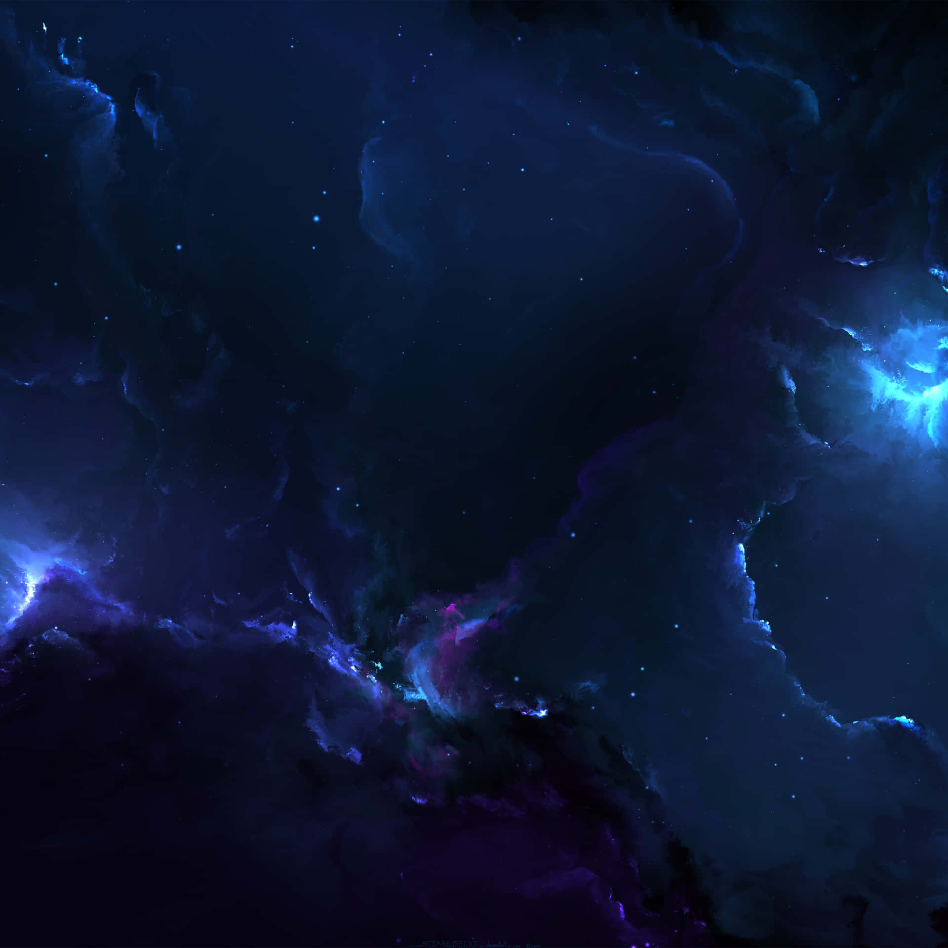 深空中帶有發光藍色和紫色雲層及散落恆星的宇宙星雲。