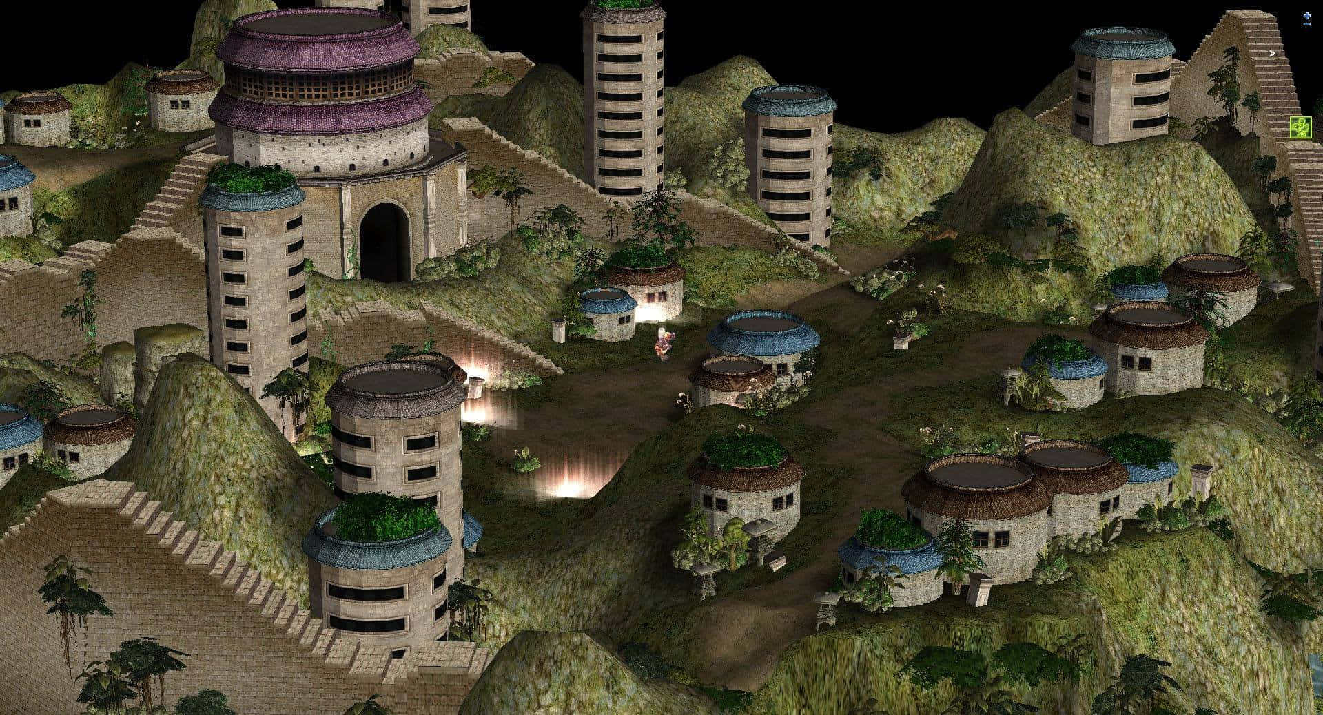 Hidden Mist Village 桌布 壁紙 — 在黑暗天空下，綠色山丘中環繞著圓柱形建築的未來城市景觀。