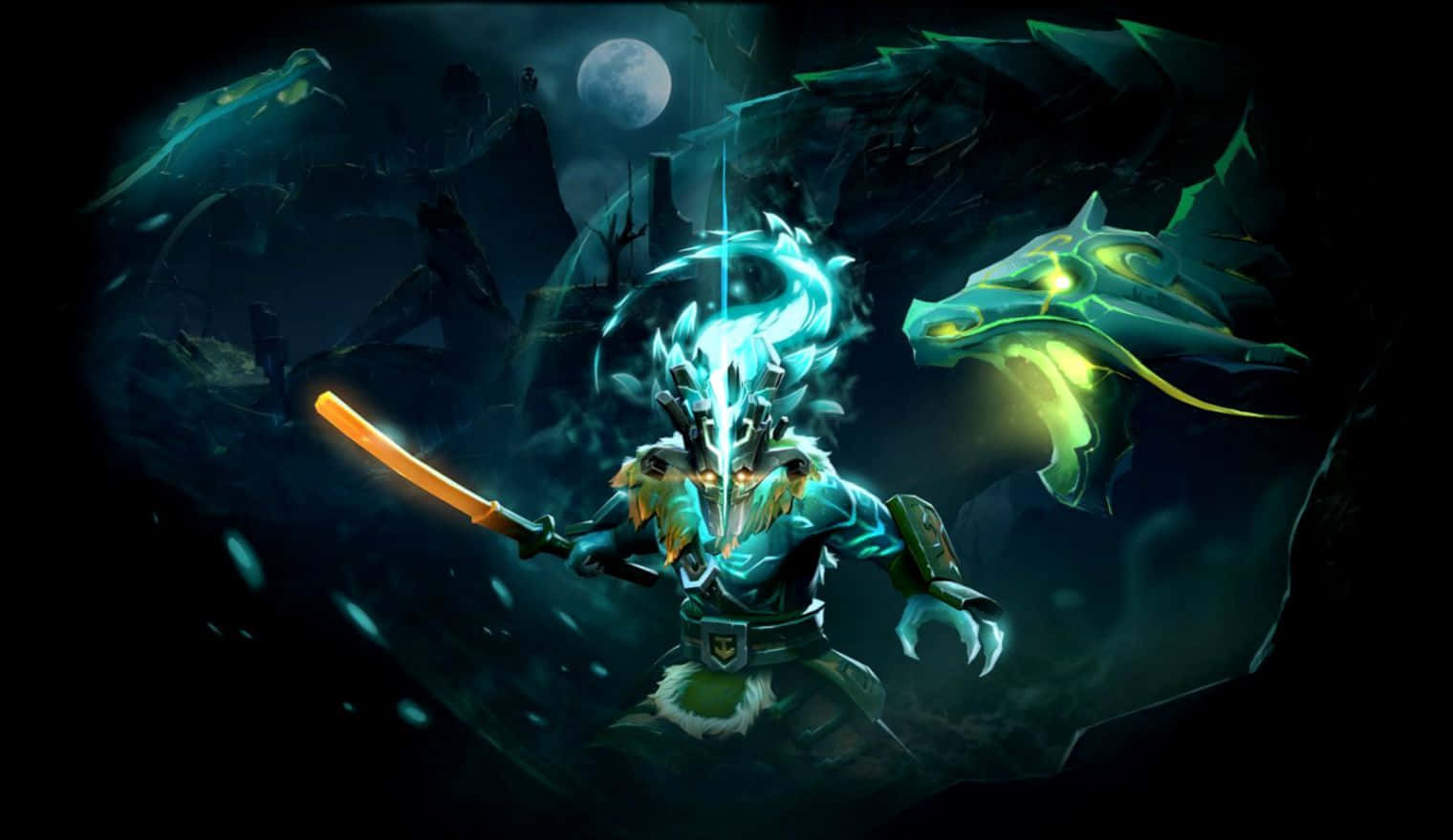 Dota 桌布 壁紙 — 在黑暗奇幻場景中，滿月下，一名發光的藍色裝甲戰士揮舞著火焰劍對抗一條綠龍。