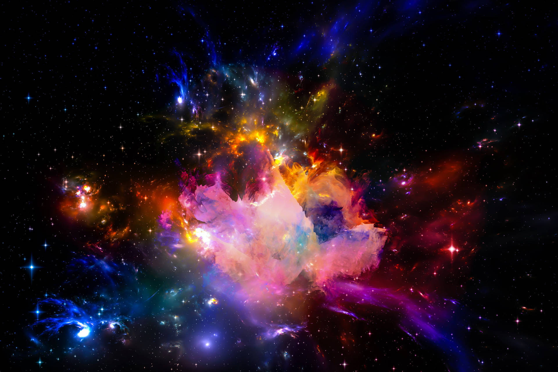 一個色彩繽紛的星雲，在深空中散發著發光的氣體和星星。