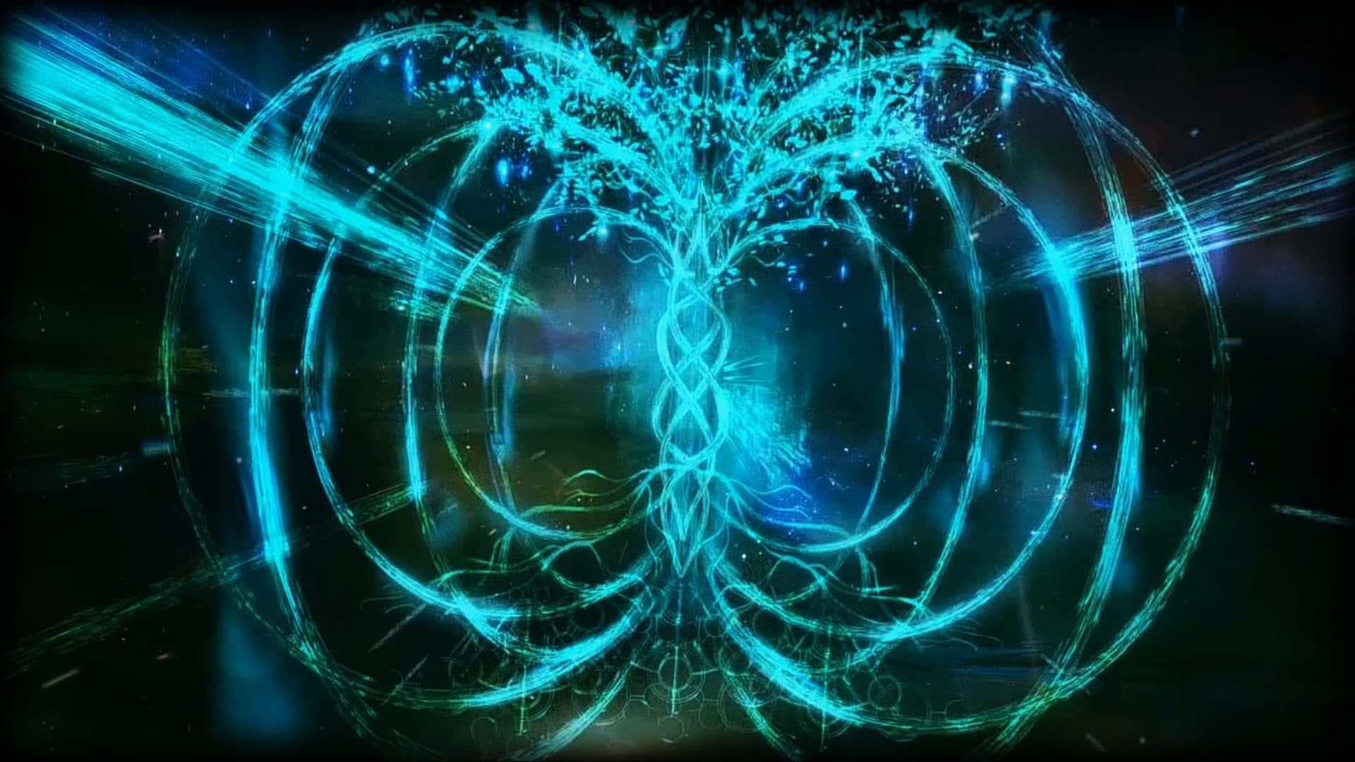 Alchemy 桌布 壁紙 — 在黑暗宇宙背景下，一個發光的青色能量漩渦，帶有螺旋環和粒子爆發。