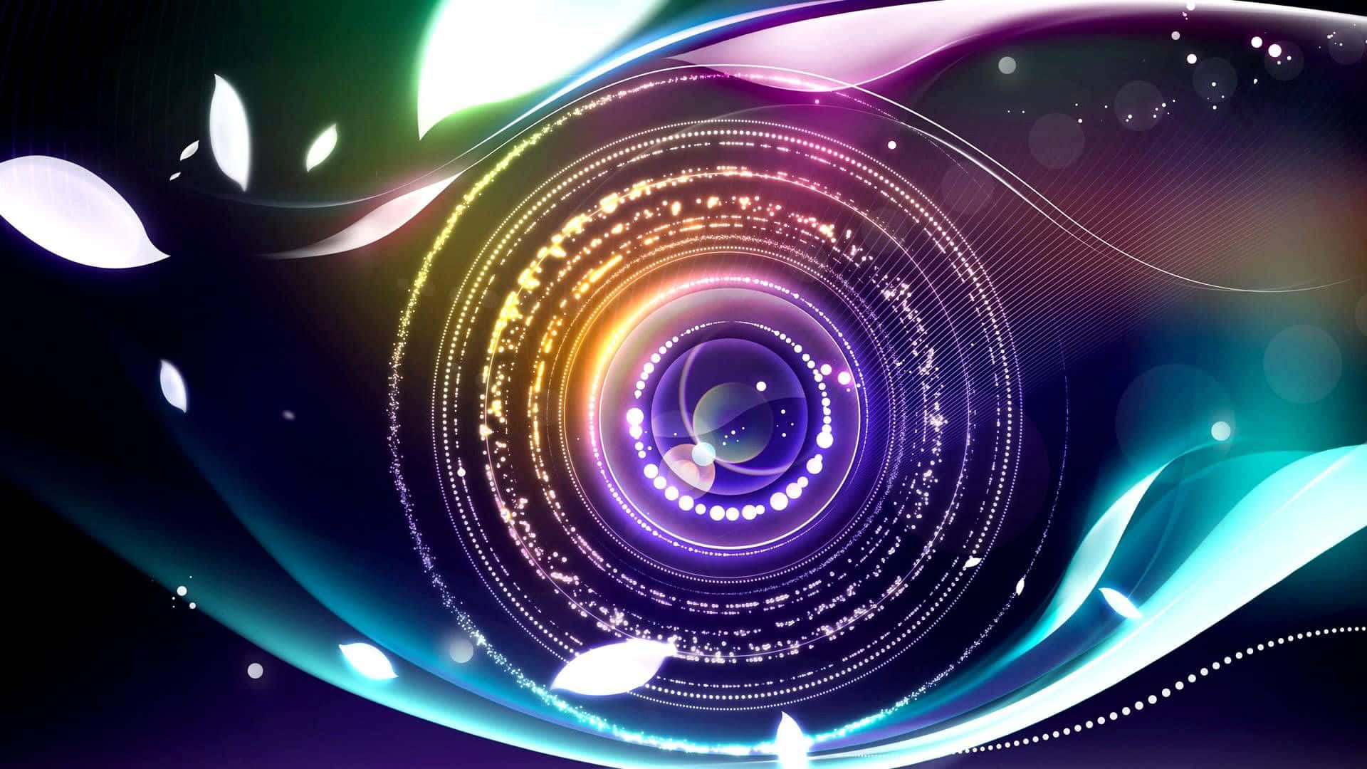 Concentration 桌布 壁紙 — 在黑暗宇宙背景下，發光霓虹環和流動光跡形成充滿活力的旋轉數位漩渦。