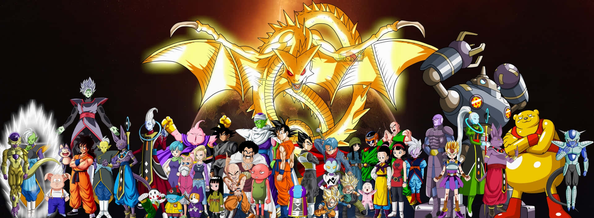 Dragon Ball Super Universe 6 桌布 壁紙 — 在黑暗宇宙背景下，龍珠角色和神龍的鮮豔動畫陣容，帶有發光效果。