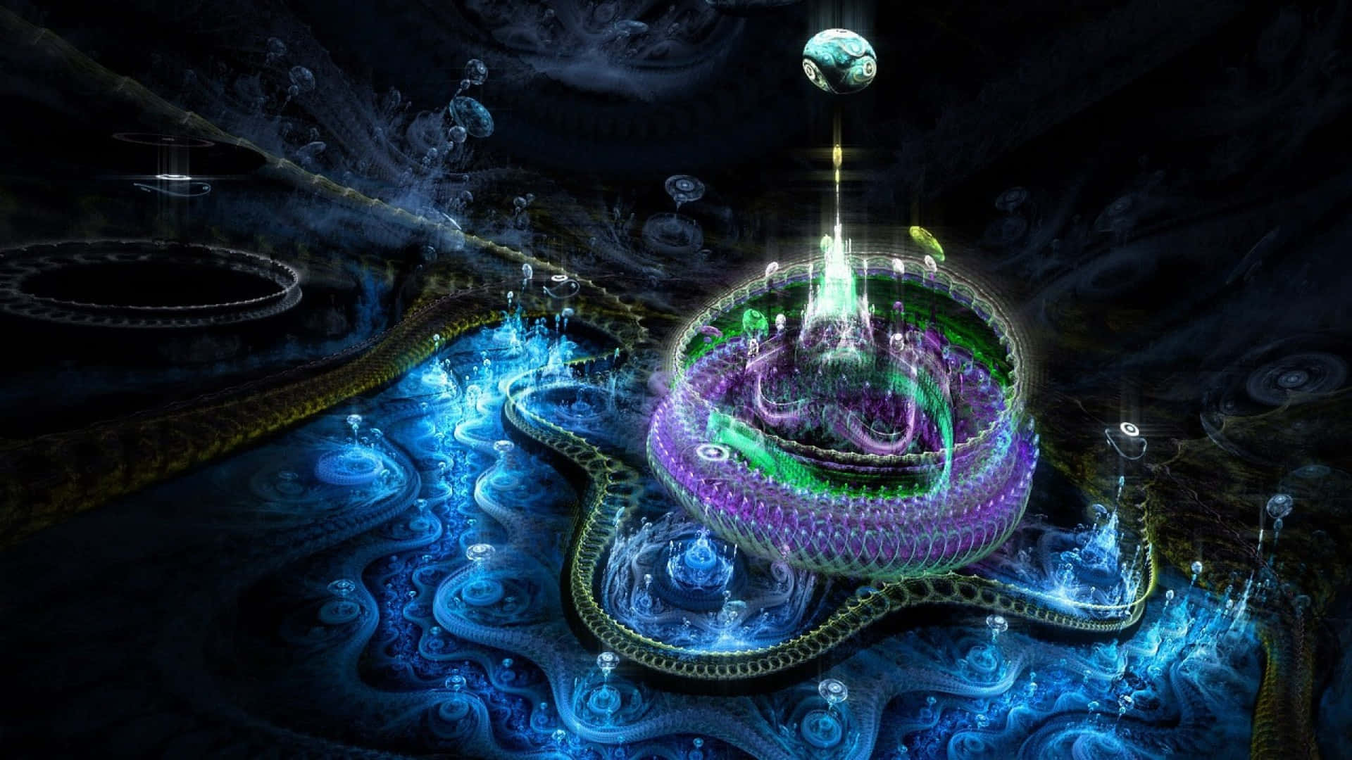 碎形動畫 桌布 壁紙 — 在黑暗宇宙虛空中，一個發光的碎形結構，帶有旋轉的藍色和紫色能量脈衝。