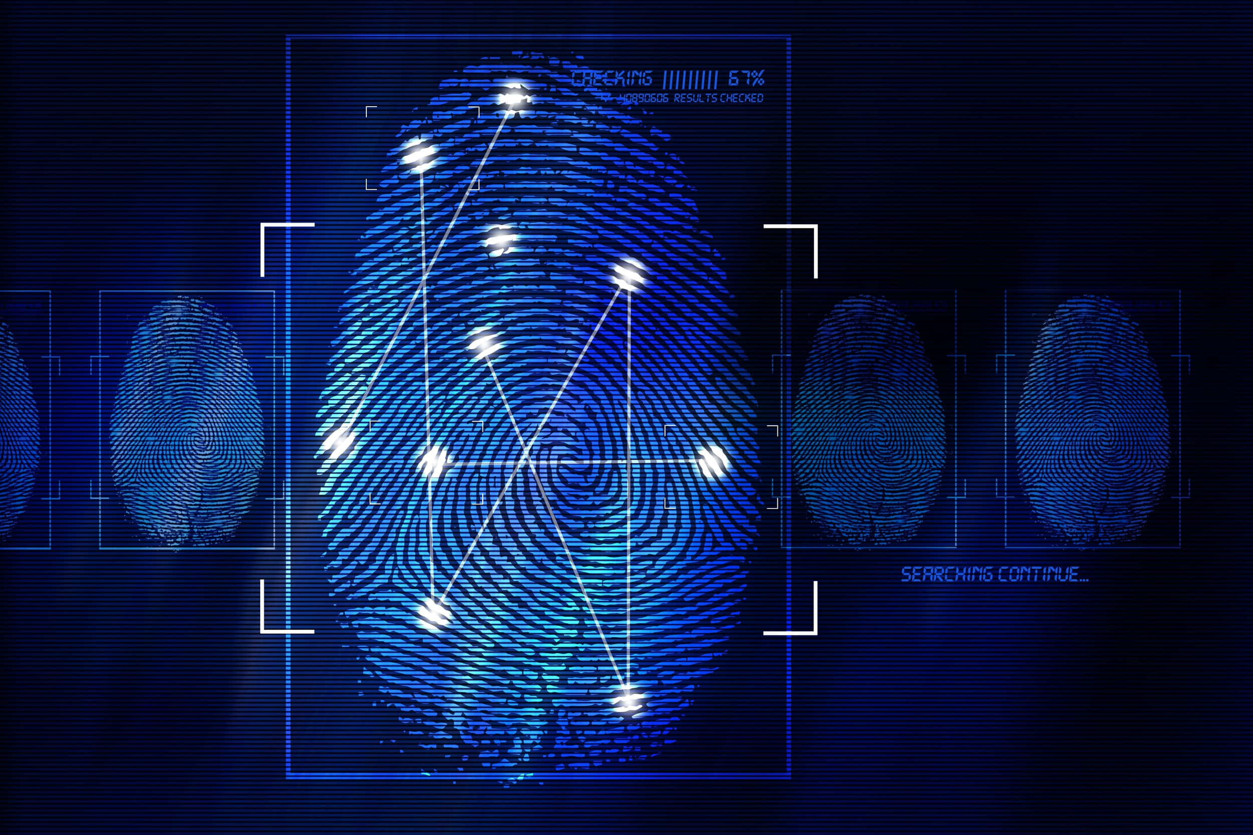 Fingerprint 桌布 壁紙 — 在黑暗屏幕上，由數碼線條和進度指示器掃描的發光藍色指紋。