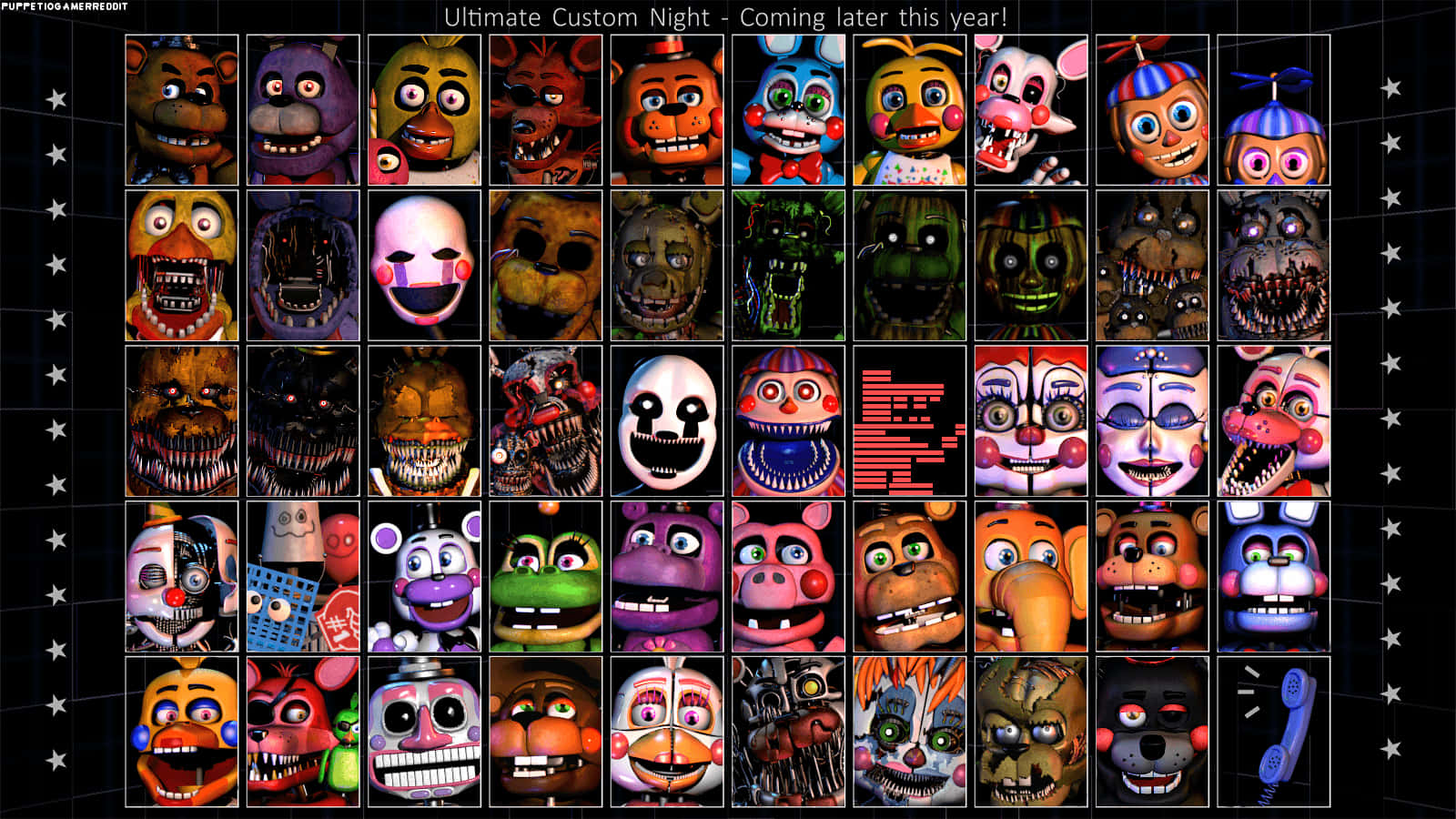 Ultimate Custom Night 桌布 壁紙 — 在黑暗燈光下發光的《Five Nights at Freddy's》中威脅性的電子動畫面孔網格。