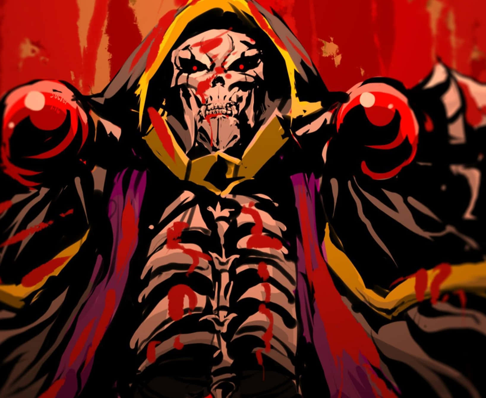 在黑暗的世界中，冒險在《Overlord》中等待 壁紙 — 一個穿著連帽長袍的可怕骷髏形象，帶有發光的紅色眼睛和血跡，背景是火紅色的。