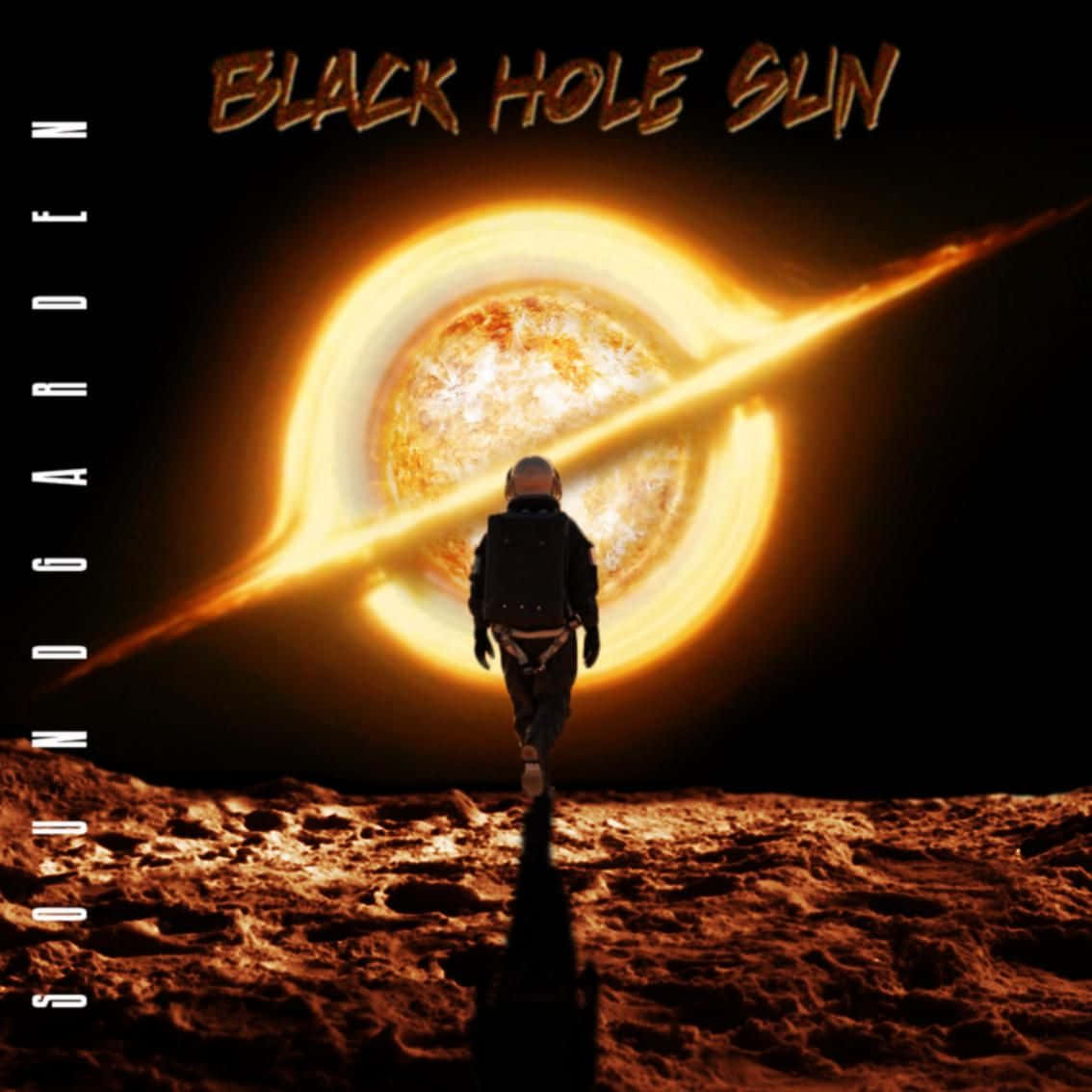 Black Hole Sun 桌布 壁紙 — 在黑暗的天空下，一名太空人走向一個在荒蕪外星行星上發光的黑洞太陽。