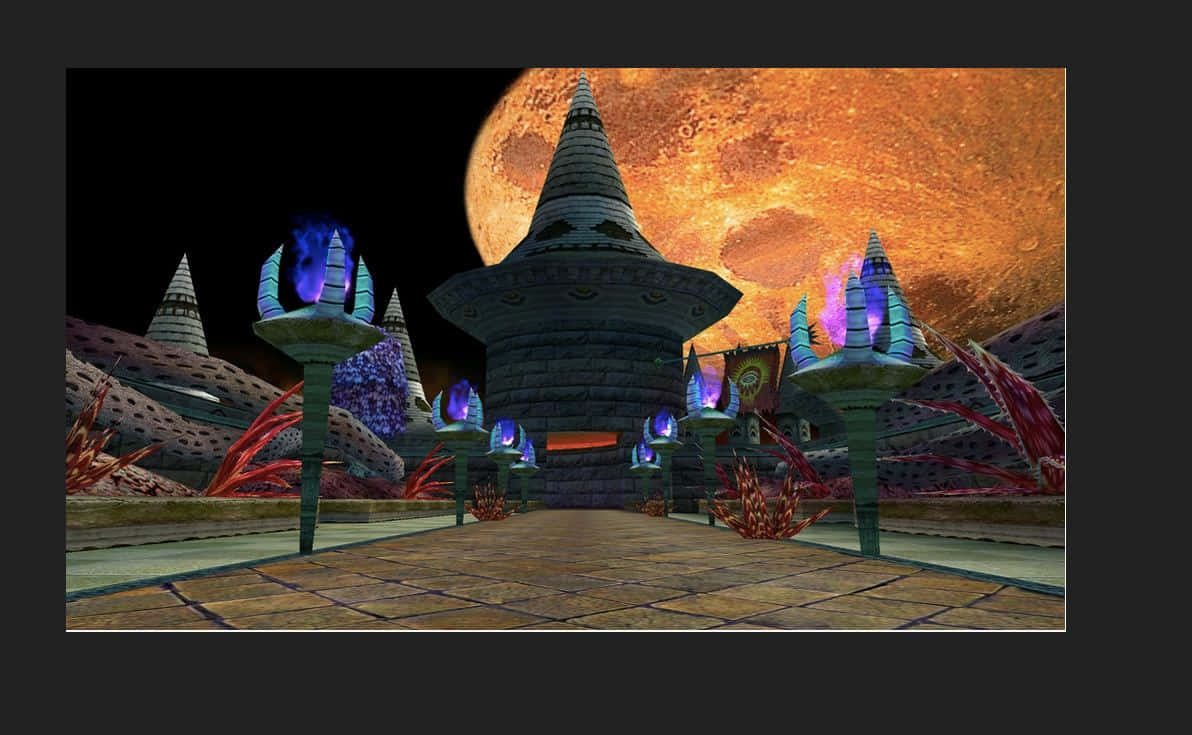 Sonic Mystic Mansion 桌布 壁紙 — 在黑暗的天空下，一座帶有藍色發光火炬的神秘外星神廟矗立在巨大的橙色月亮前。