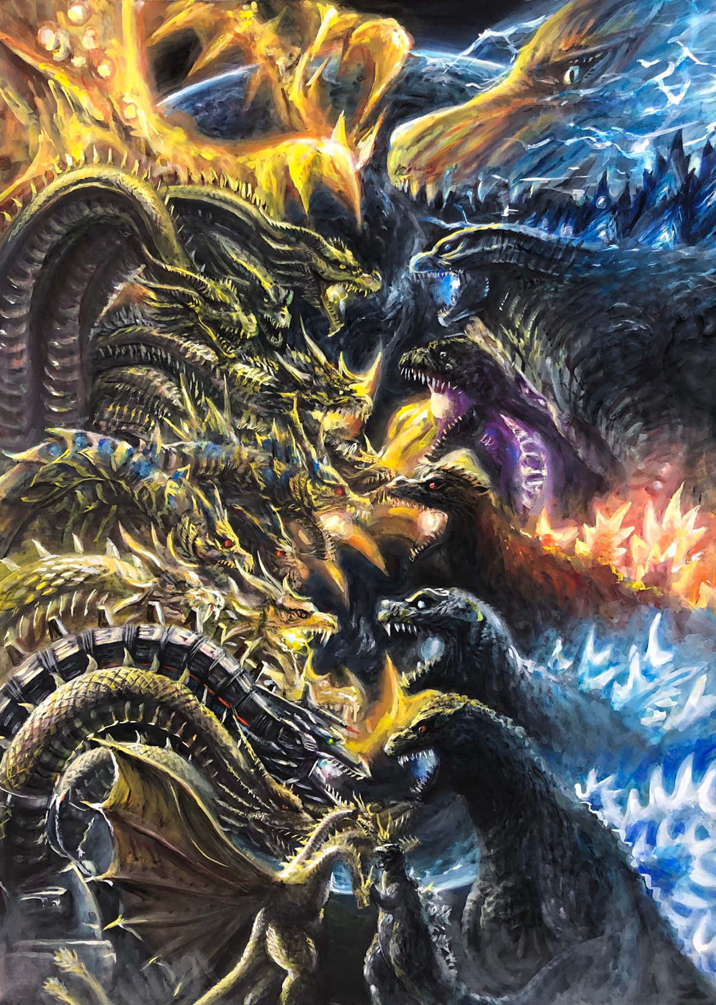 Monsterverse 桌布 壁紙 — 在黑暗的天空下，多隻巨型怪獸卡伊獸在火焰爆炸和冰霜爆炸中激烈衝突，爆發一場混亂的戰鬥。