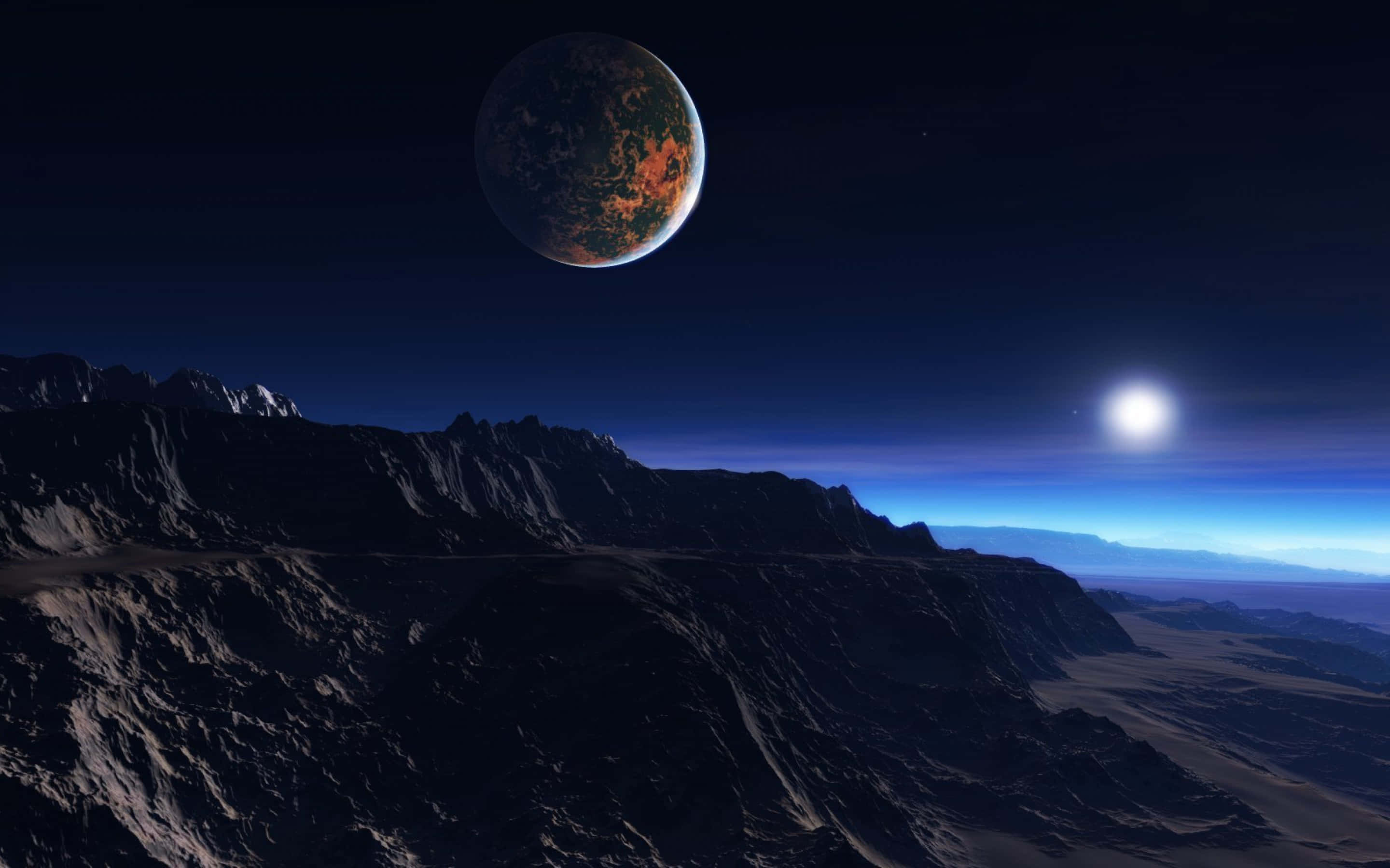 Atmosphere 桌布 壁紙 — 在黑暗的天空下，崎嶇的外星山脈，地平線上有發光的行星和明亮的太陽。