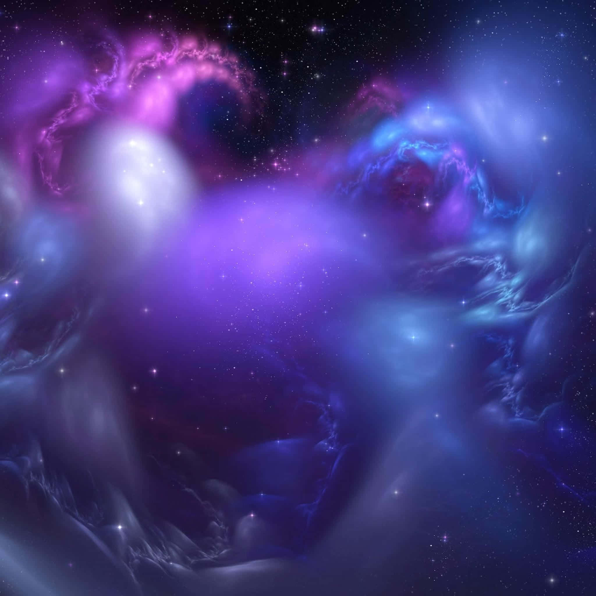 dreamy 桌布 壁紙 — 在黑暗的宇宙天空下，充滿活力的宇宙星雲以電光紫和藍色在星場中旋轉。