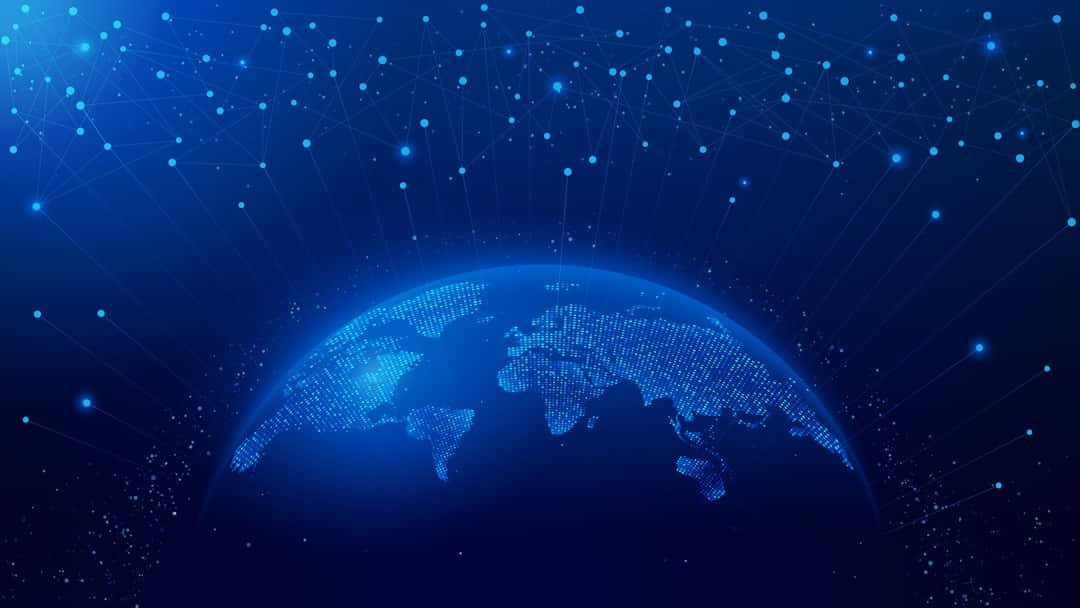 Global 桌布 壁紙 — 在黑暗的宇宙背景下，一個發光的藍色數位地球儀，周圍環繞著相互連接的點和線。