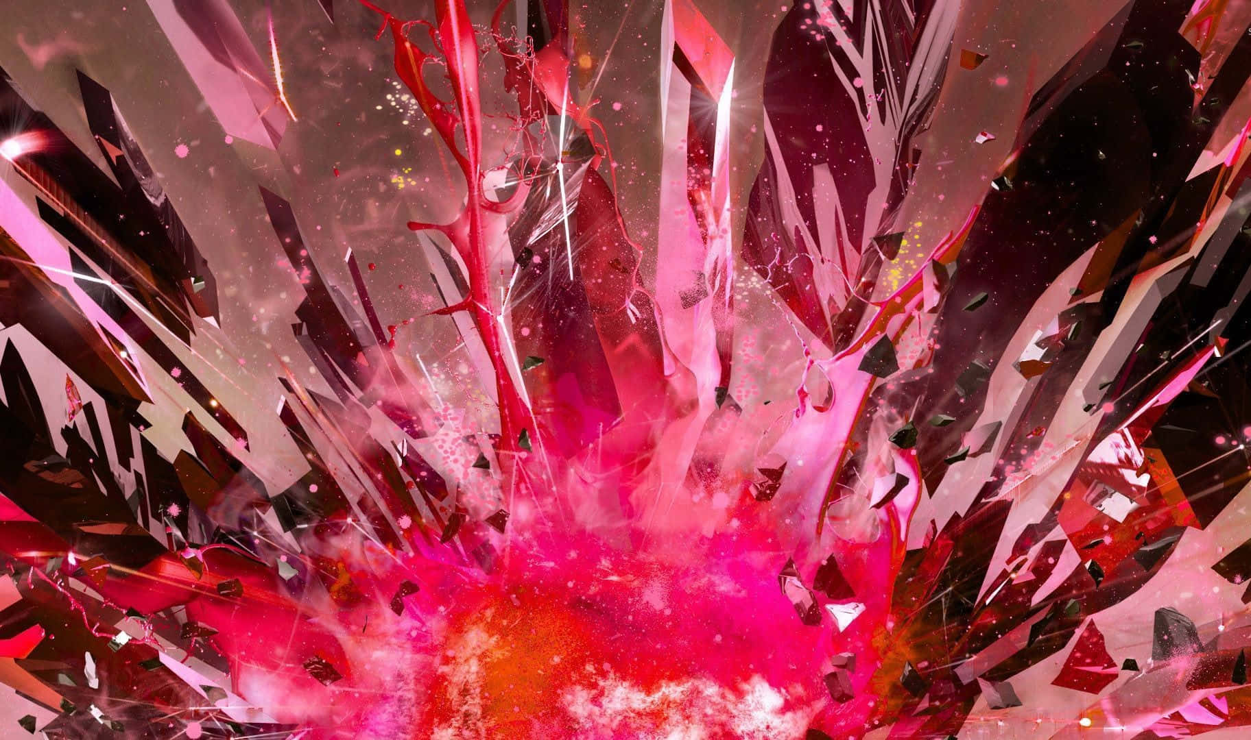 Pink Crystal Quartz 桌布 壁紙 — 在黑暗的宇宙背景下，從發光核心向外輻射的鋸齒狀粉紅色和紅色水晶碎片的充滿活力的爆炸。