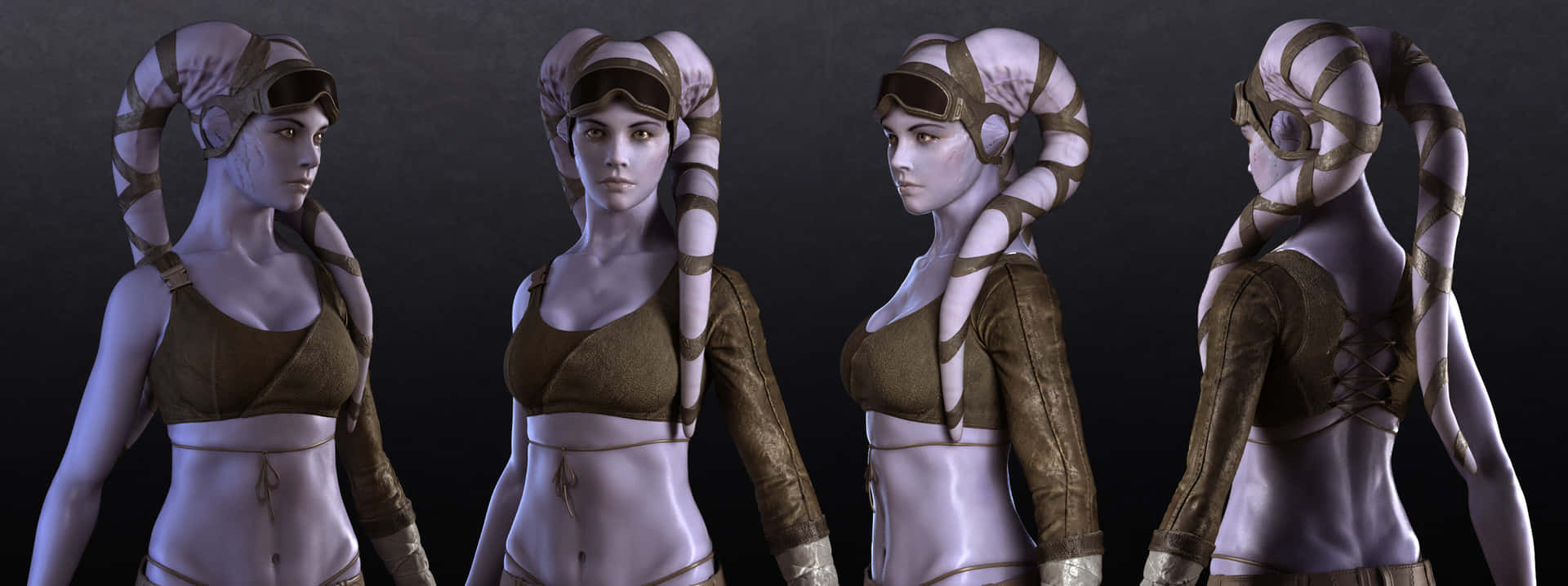 Twi'lek 桌布 壁紙 — 在黑暗的攝影棚中，一個辮子頭髮、戴護目鏡的女性外星人角色的四個視角。