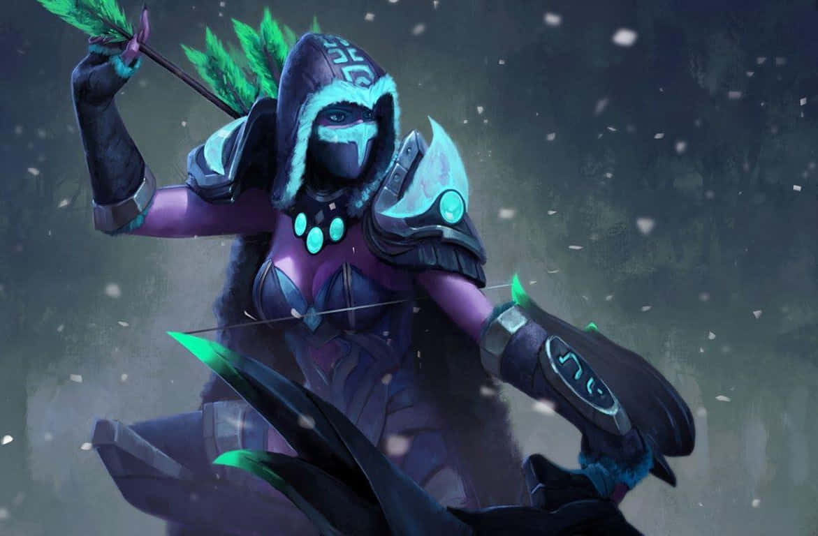 Drow Ranger 桌布 壁紙 — 在黑暗的森林中，一名身穿紫色盔甲、帶有發光青綠色點綴的兜帽弓箭手，在飄落的雪花中瞄準弓箭。
