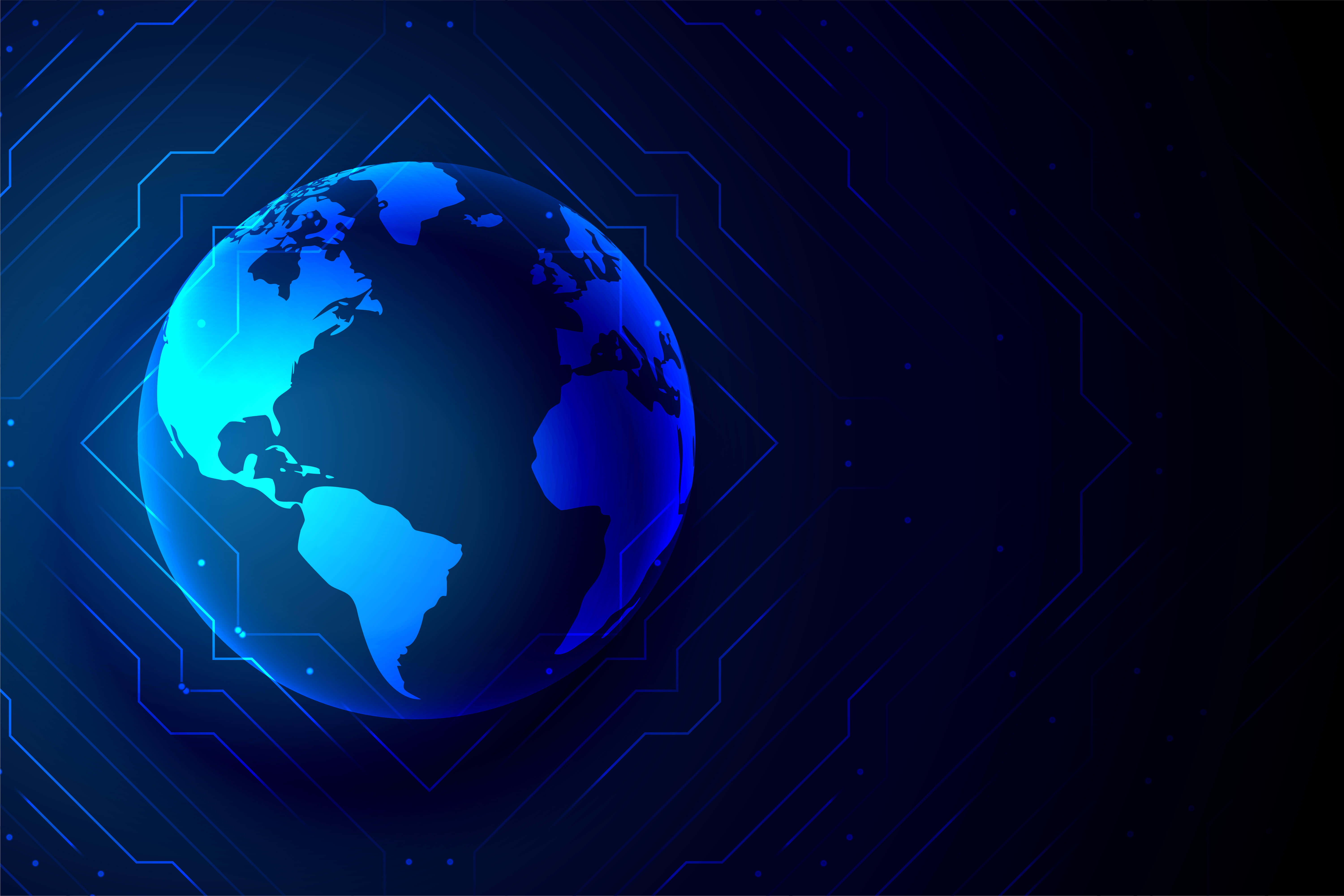 Global 桌布 壁紙 — 在黑暗背景上，一個發光的藍色數碼地球儀置於未來風格的電路板設計中央。