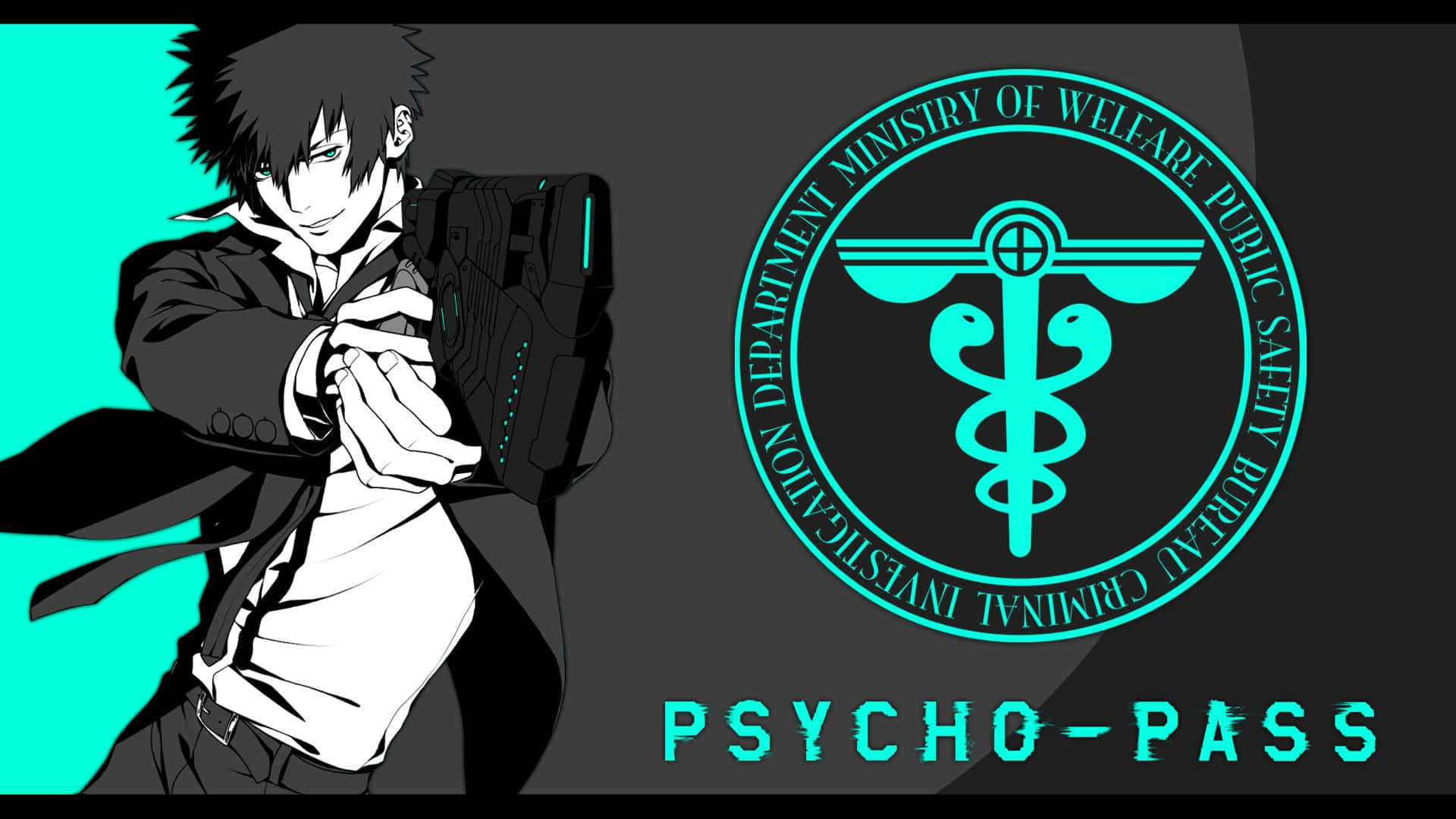Shinya Kogami 桌布 壁紙 — 在黑暗背景上，動畫角色在發光的青綠色Psycho-Pass局標誌旁邊瞄準武器。
