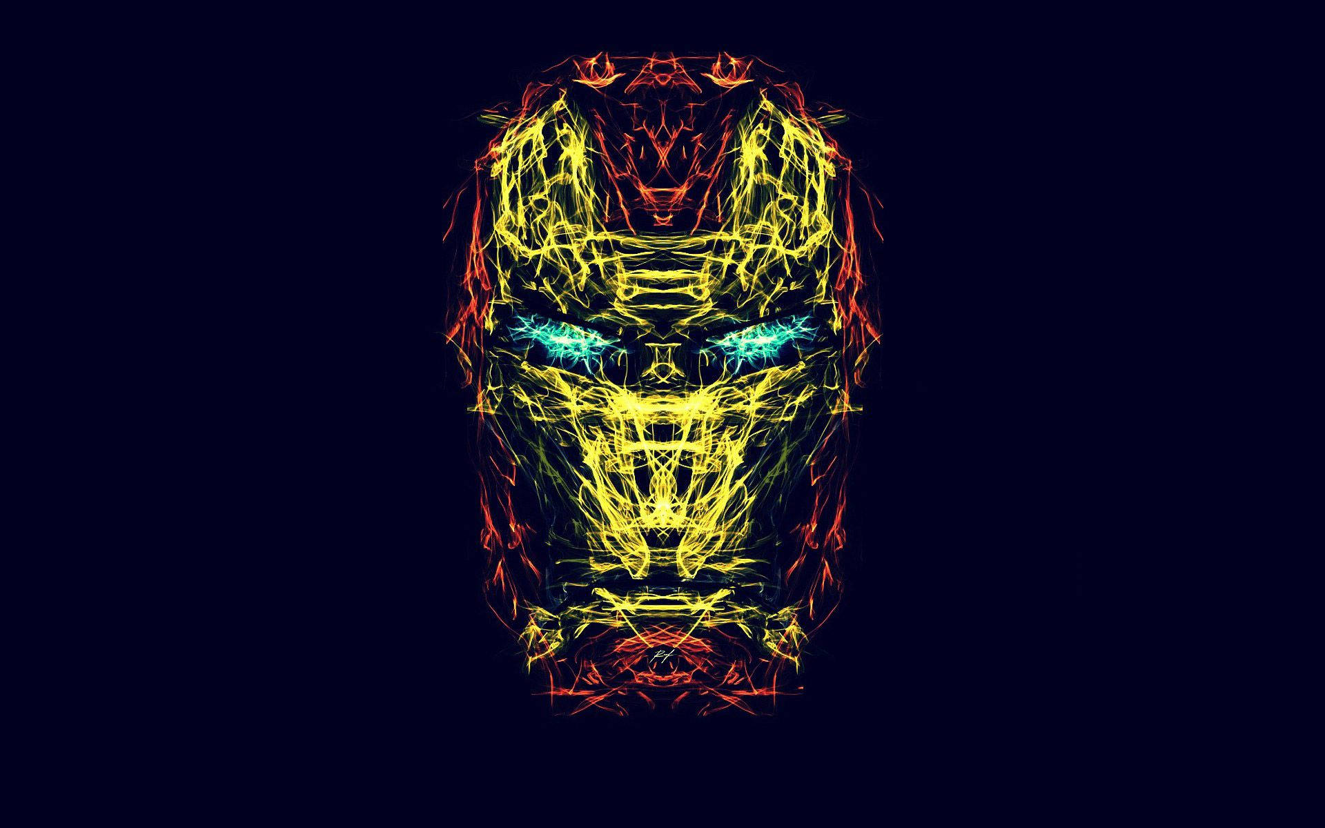 tony stark 桌布 壁紙 — 在黑暗背景上，帶有電光黃色和紅色線條的發光霓虹分形鐵甲奇俠頭盔。