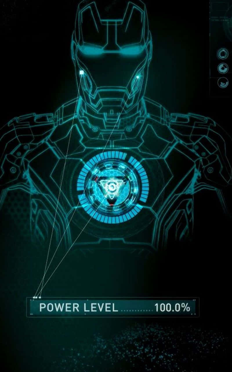 Iron Man Technology 桌布 壁紙 — 在黑暗背景上，鐵甲奇俠戰衣的發光藍色全息輪廓，能量水平為100％。