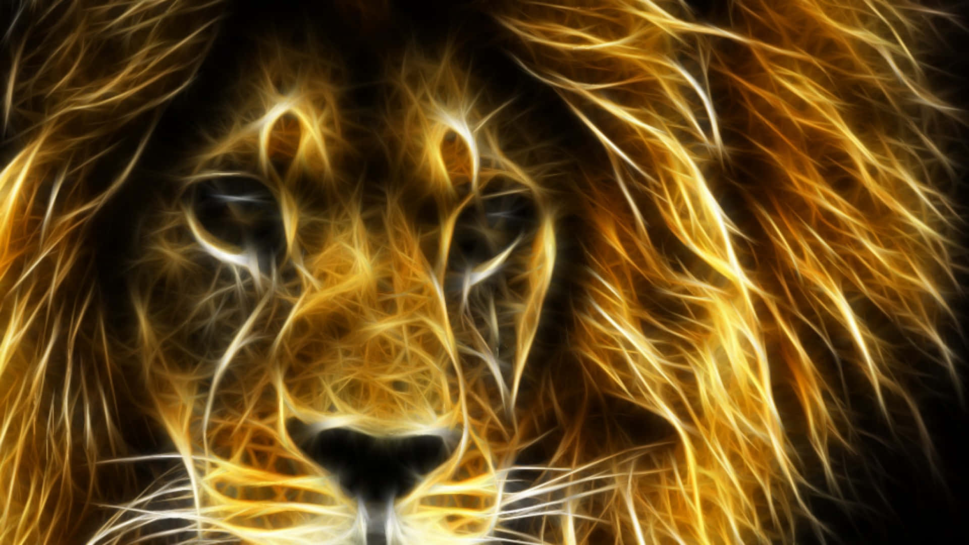 獅子 桌布 壁紙 — 在黑暗背景上以發光金色分形線條呈現的雄獅面孔。