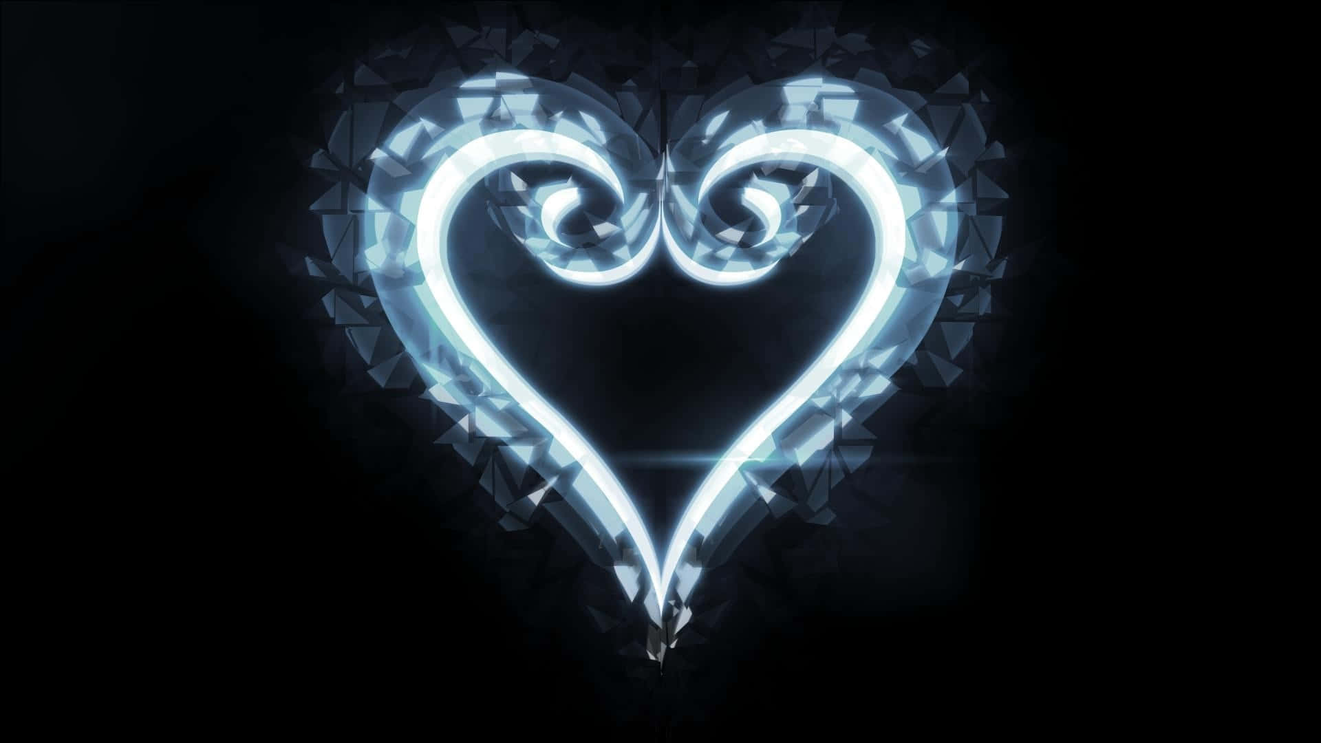 Kingdom Hearts 桌布 壁紙 — 在黑暗背景上由破碎玻璃碎片形成的發光藍色心形光輪廓。