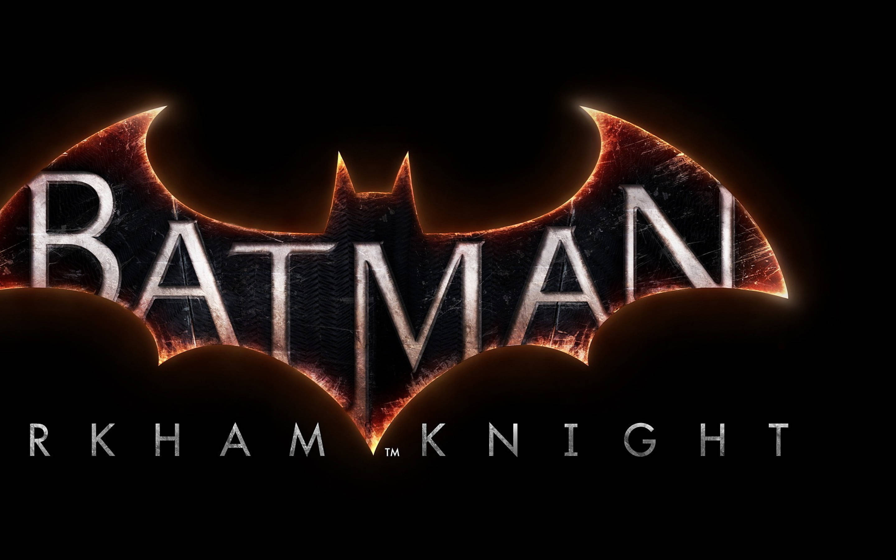 蝙蝠俠標誌 桌布 壁紙 — 在黑暗背景上發光的蝙蝠標誌，帶有「BATMAN」和「ARKHAM KNIGHT」文字。