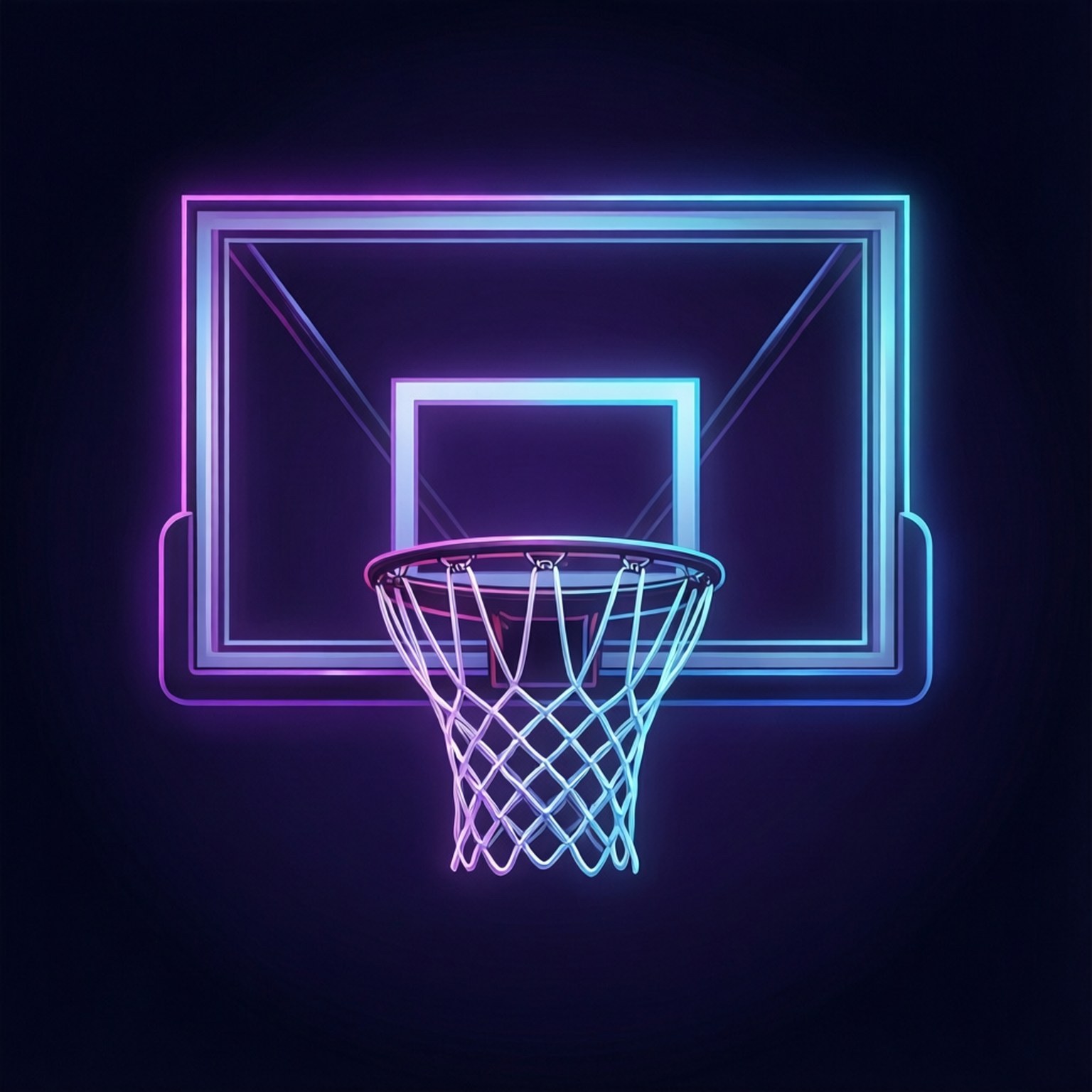 Neon Hoop 壁紙 — 在黑暗背景下，帶有紫色和藍色燈光的發光霓虹籃球框。