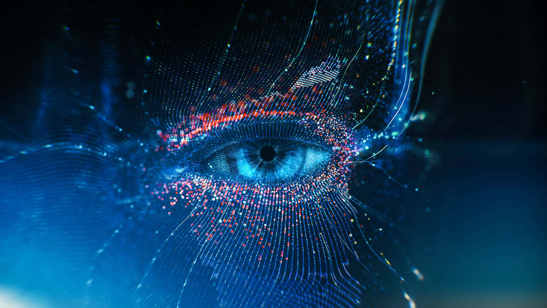 Eye 桌布 壁紙 — 在黑暗背景下，由粒子和光軌組成的發光藍色數位眼睛。