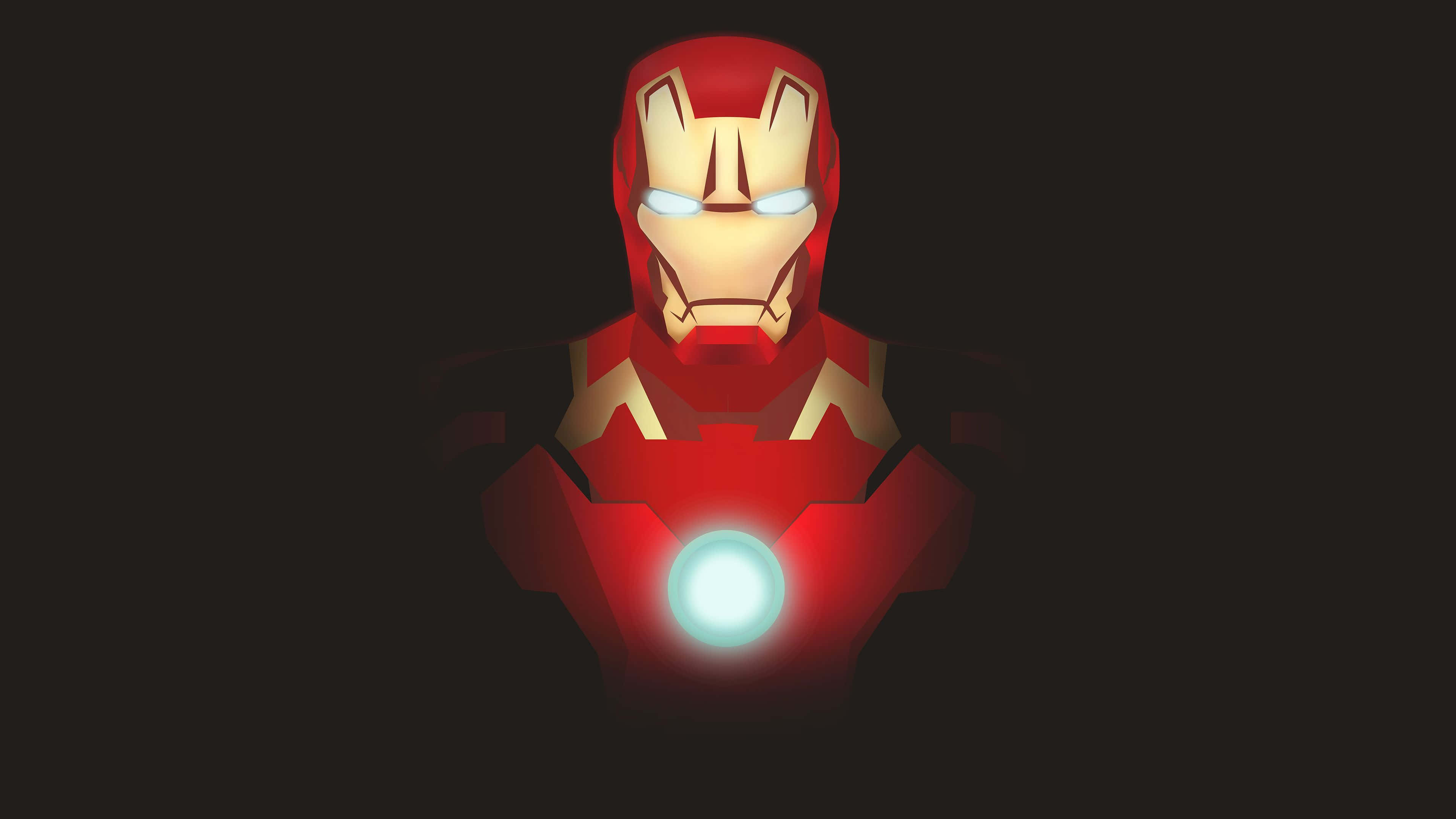 Iron Man Art 桌布 壁紙 — 在黑暗背景下發光的紅色和金色鐵甲奇俠頭盔和胸甲。