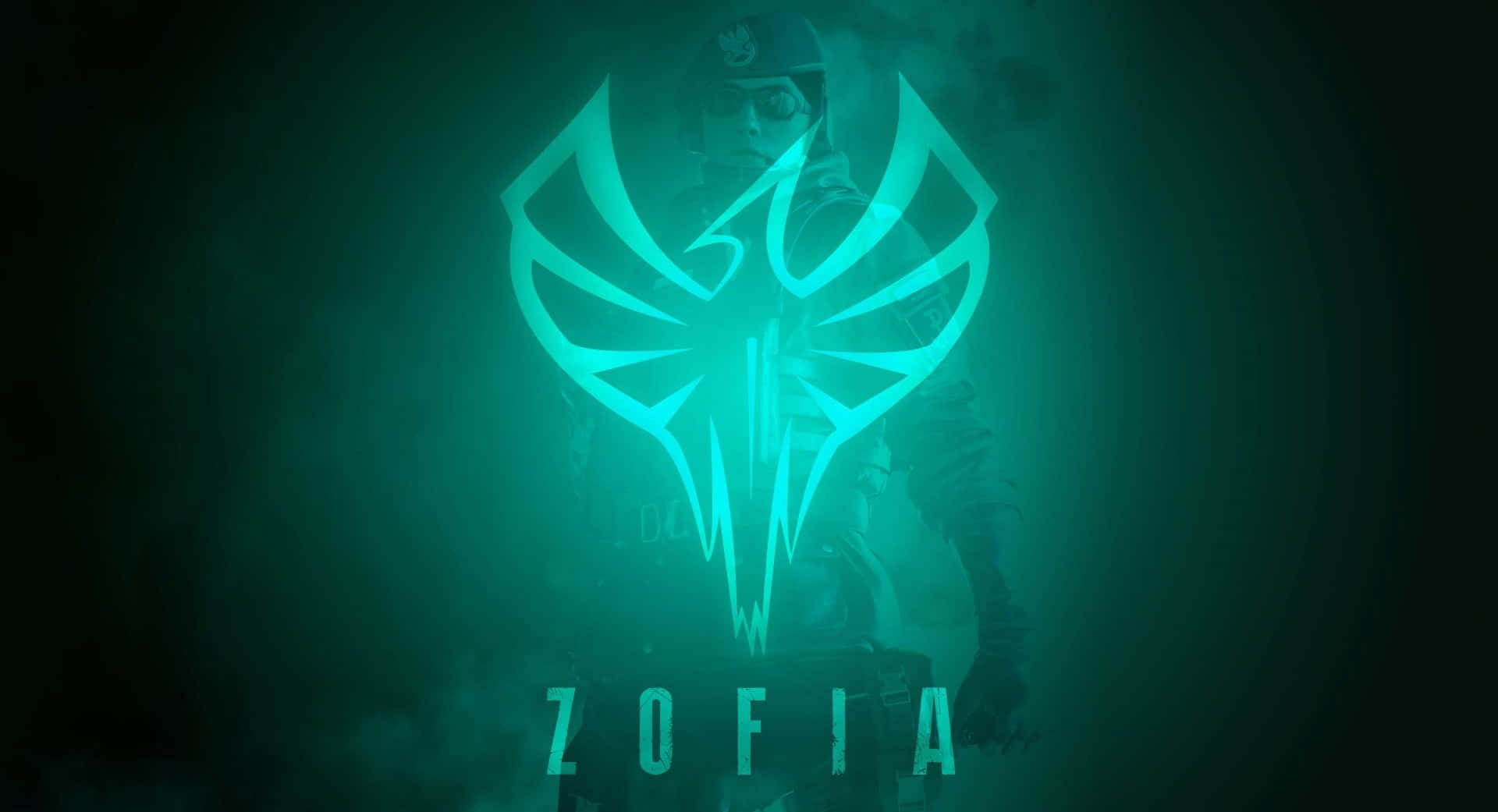Zofia R6 桌布 壁紙 — 在黑暗迷霧環境中，一個發光的青綠色徽章，背後有士兵剪影。