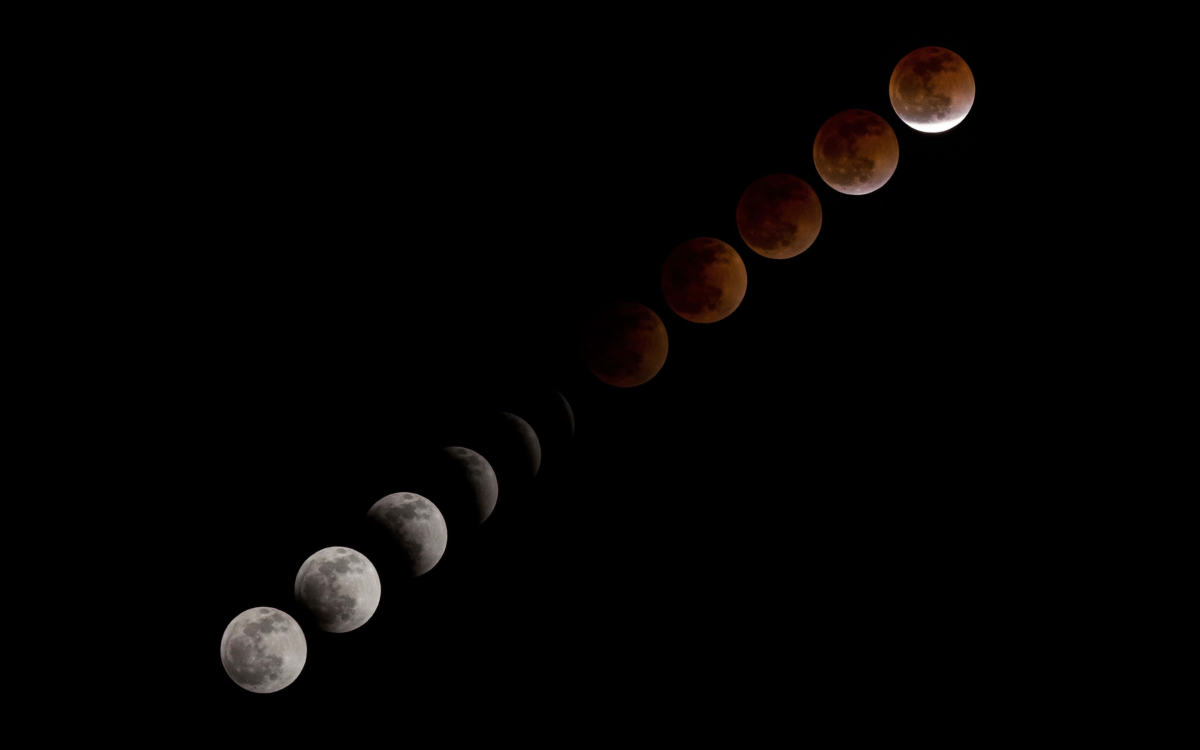 Moon Phases 桌布 壁紙 — 在黑色天空背景下，從滿月到月全食的月相對角線序列。