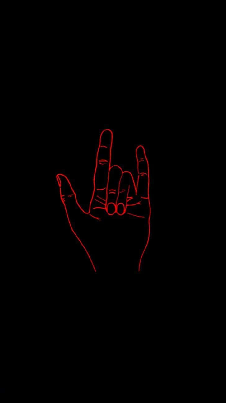 Dark Emo 桌布 壁紙 — 在黑色背景上，一隻手做出搖滾手勢的發光紅色輪廓。